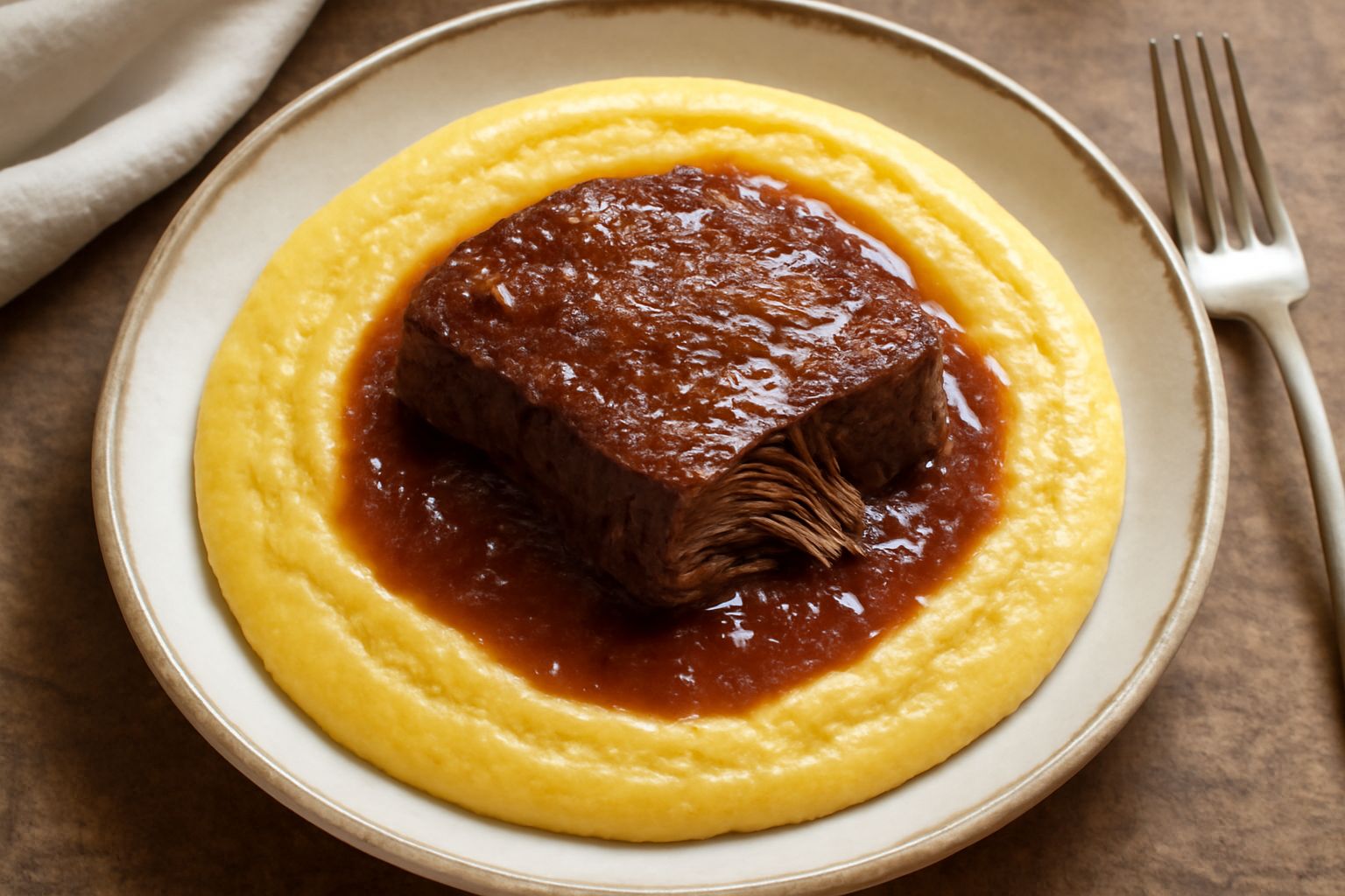 Piatto bianco con polenta cremosa giallo-oro al centro, brasato di manzo scuro e succoso adagiato sopra, salsa di cottura bruno-rossastra intorno, guarnito con prezzemolo fresco verde