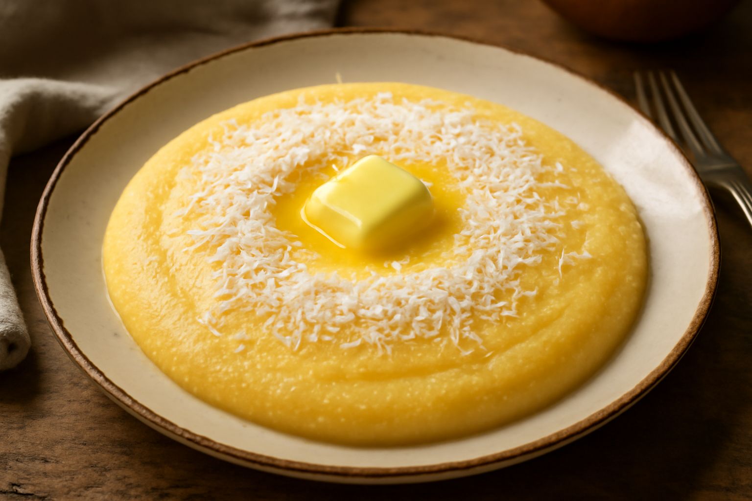 Ciotola di polenta giallo oro cremosa, con una noce di burro nel centro che si scioglie, cosparsa di formaggio grattugiato, su fondo scuro con cucchiaio di legno