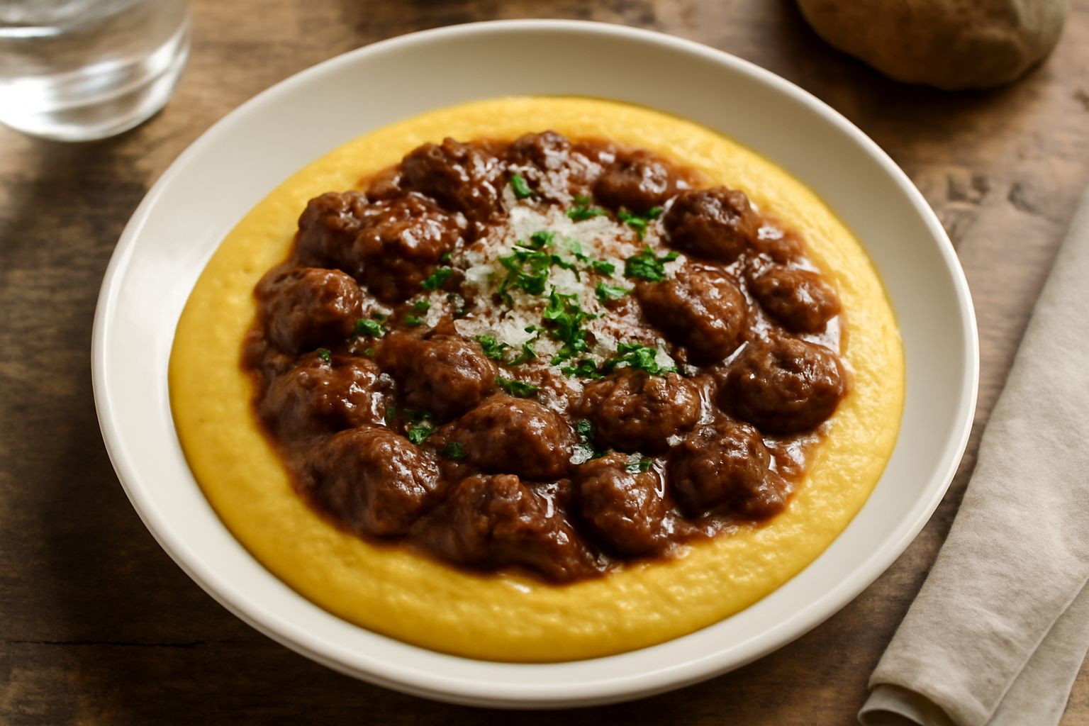 Piatto bianco con polenta cremosa giallo dorato in base, condita con ragù di cinghiale marrone scuro e lucido, guarnita con parmigiano grattugiato bianco e prezzemolo verde fresco
