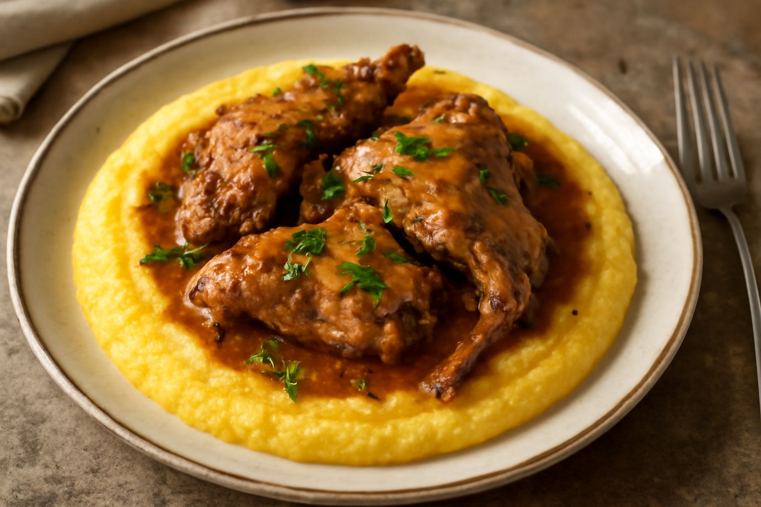 Un piatto bianco profondo con polenta cremosa giallo oro al centro, con sopra pezzi di coniglio in umido di colore dorato e bruno, bagnati di sugo, cosparsi di prezzemolo fresco verde, con accanto un 