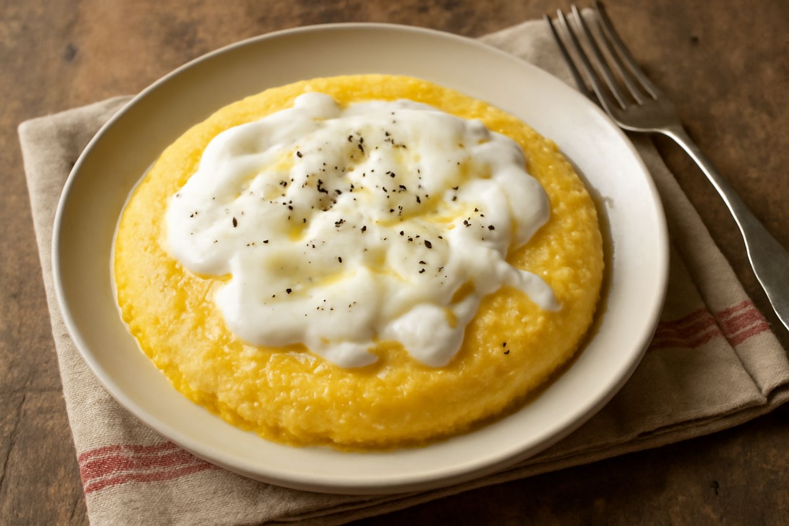 Una ciotola bianca di polenta giallo oro cremosa con formagella bianca sciolta in superficie, guarnita di burro e pepe nero macinato, in piatto fondo di ceramica
