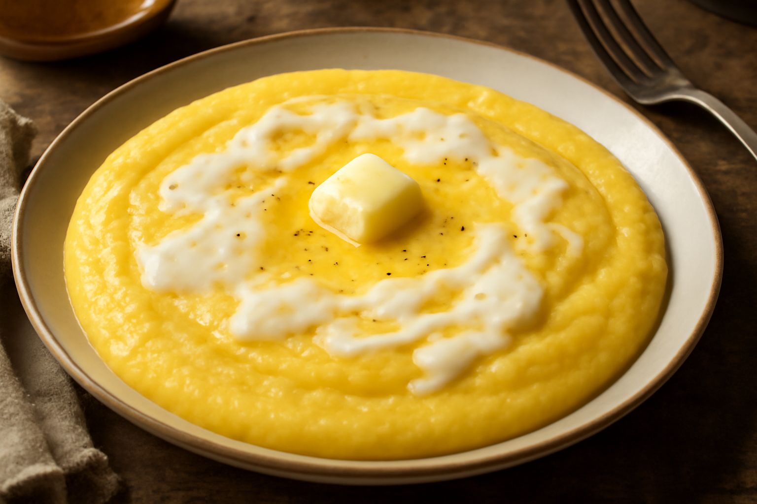 Piatto di polenta cremosa giallo dorato con tre formaggi fusi che si sciolgono in fili bianchi sulla superficie, guarnita con pepe nero macinato fresco e una noce di burro nel centro, servita in un pi
