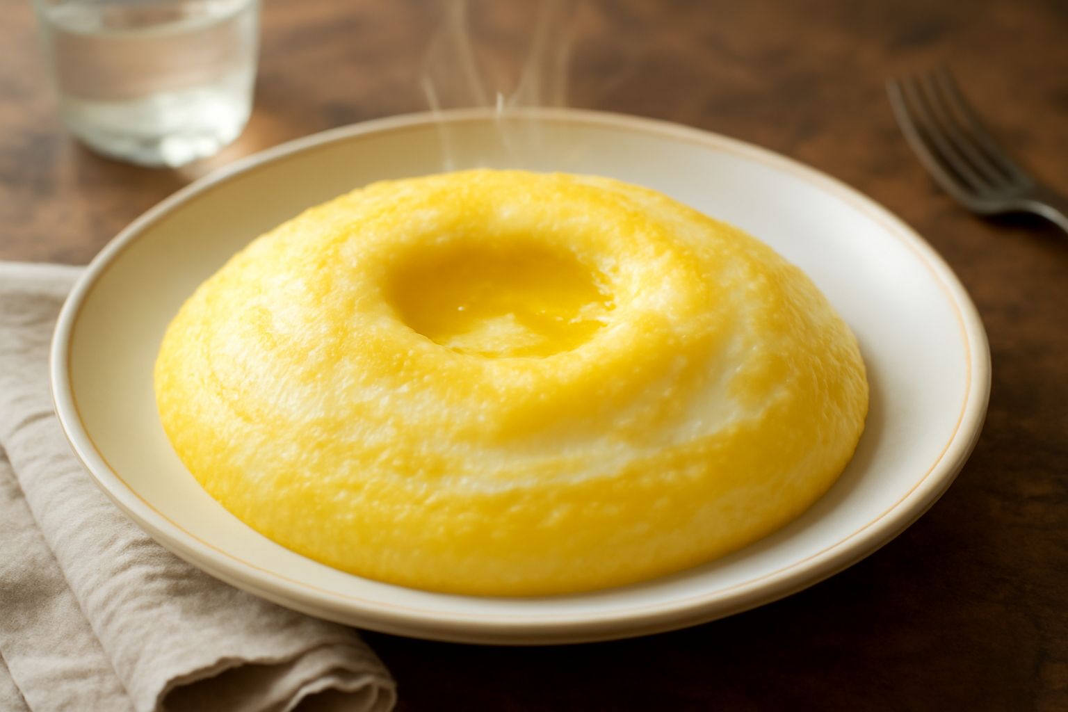 Polenta cremosa bianca e gialla in piatto bianco, formaggio filante visibile sulla superficie, burro sciolto sulla cima, cucchiaio con polenta morbida
