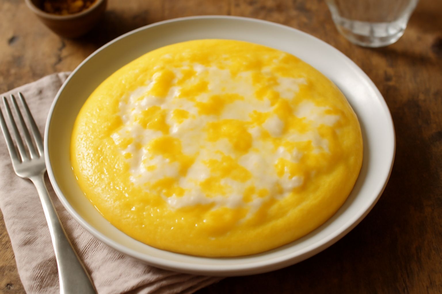 Polenta cremosa giallo ocra in piatto bianco, con formaggio fuso che scivola sulla superficie, guarnita con un filo di olio e pepe nero macinato, vapore ancora visibile.