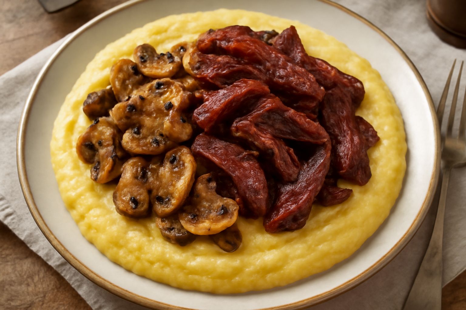 Piatto fondo bianco con polenta cremosa di colore giallo pallido, coperta da funghi marroni trifolati e strisce di carne brasata rosso scuro, guarnito con prezzemolo verde fresco
