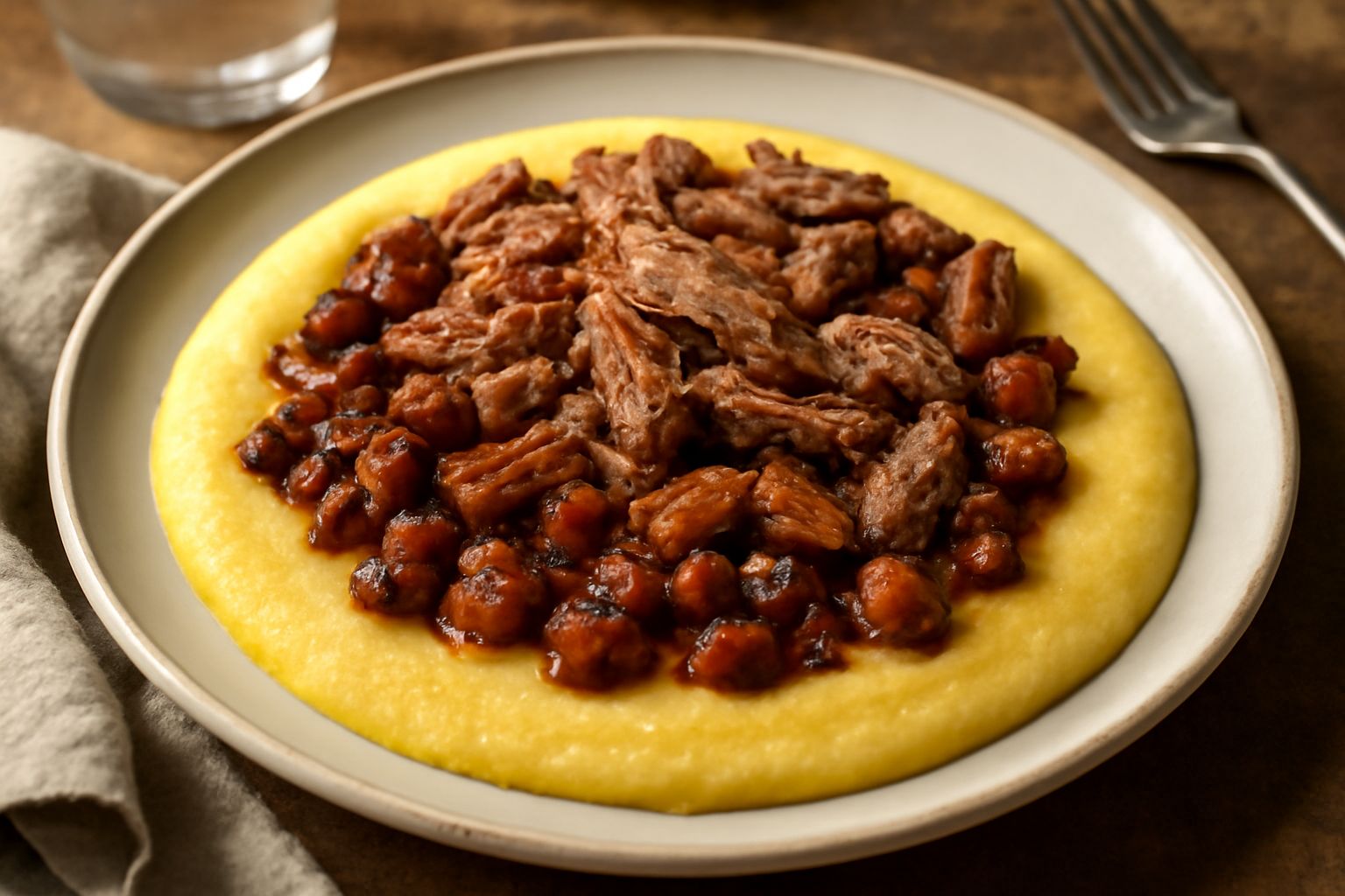 Piatto bianco con polenta giallo cremoso al centro, ricoperto di funghi porcini rosso-bruno a dadini e carne di manzo sfumata, condita con olio verde, su base di polenta liscia e uniforme