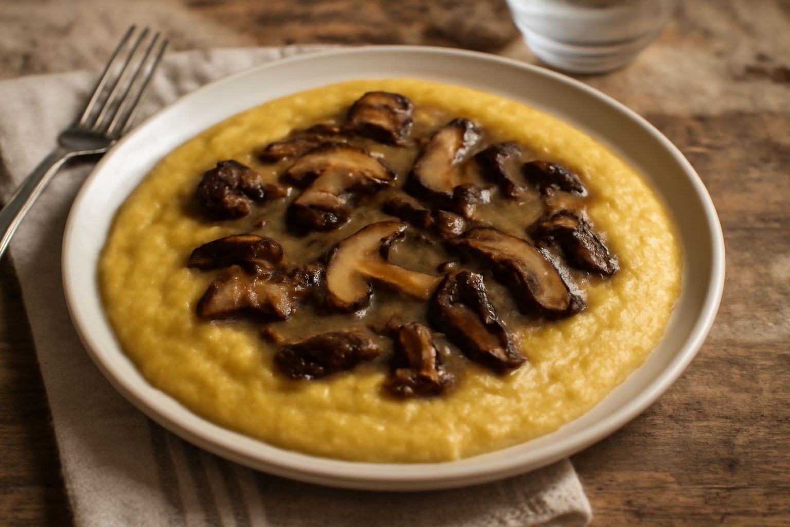Polenta cremosa gialla servita in piatto bianco con funghi porcini secchi scuri e frammenti di tartufo dispersi in superficie, guarnita con prezzemolo fresco verde e un filo di olio