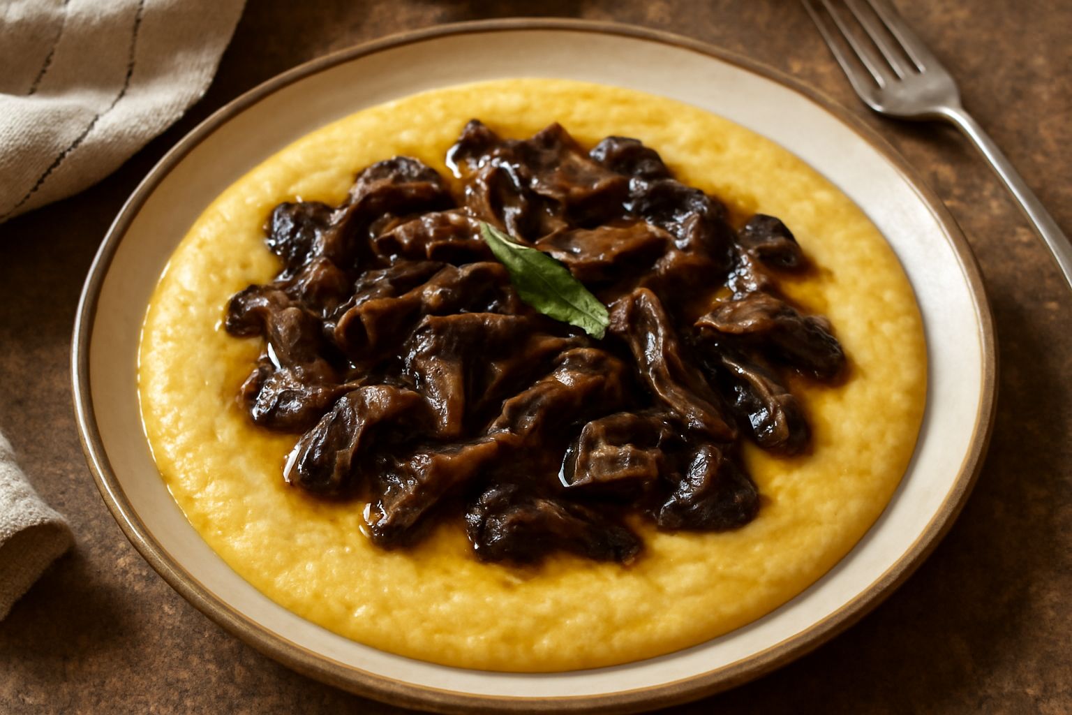 Piatto di polenta cremosa giallo brillante con funghi scuri e brillanti in umido sparse in superficie, condita con olio e prezzemolo fresco, vapore che sale dal bordo del piatto