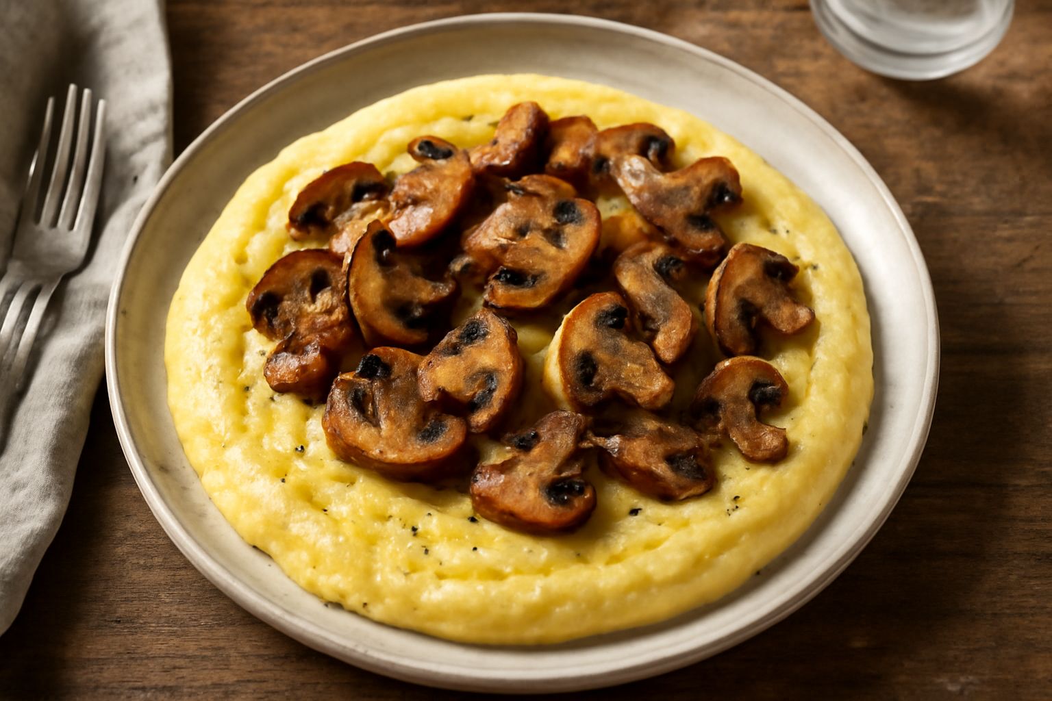 Polenta cremosa color giallo oro in un piatto fondo bianco, ricoperta da funghi rosolati marrone scuro e dorati, spruzzata di prezzemolo fresco verde e una nocciolina di burro in cima