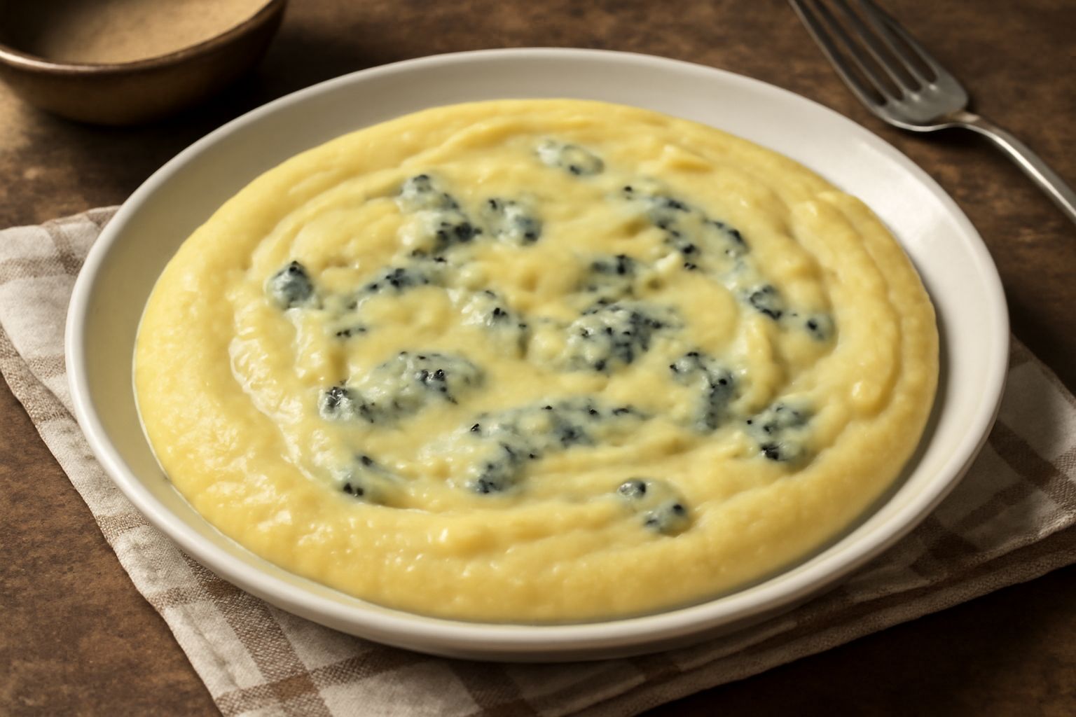 Una ciotola bianca con polenta gialla cremosa solcata al centro, gorgonzola blu sciolto che forma rivoli, burro dorato, pepe nero macinato, servita su tavolo di legno scuro