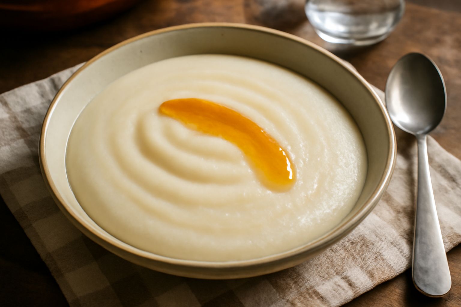 Una ciotola di polenta e latte cremosa, color avorio, con una striscia di miele ambrato e nocciolata al centro, servita su fondo bianco