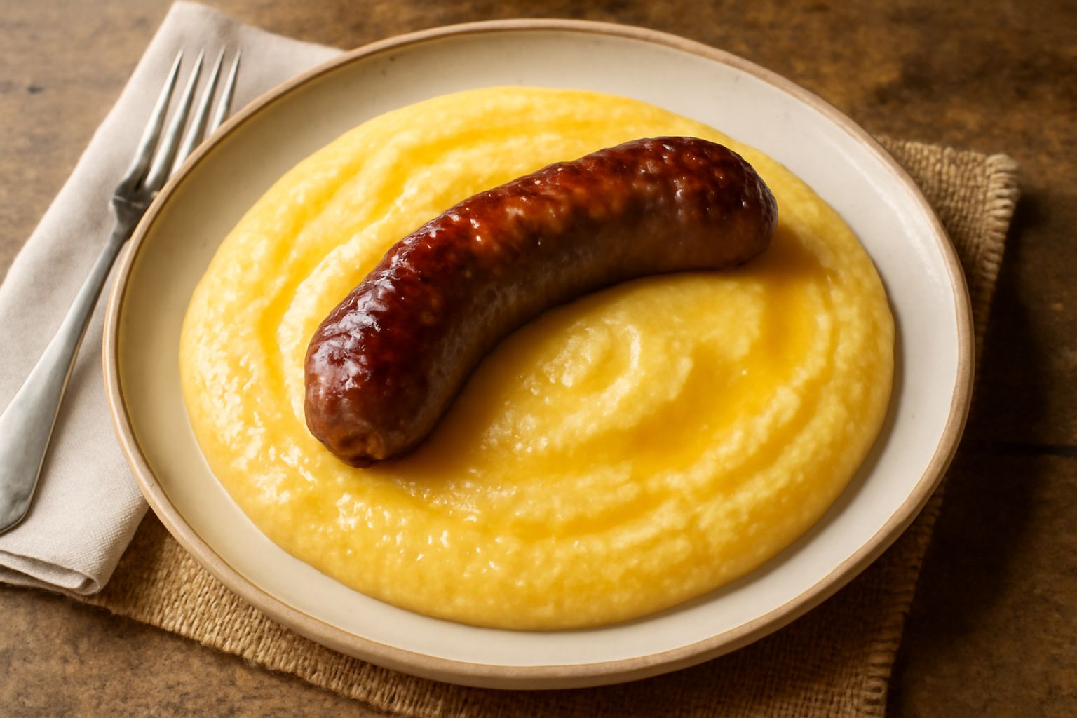 Piatto bianco con polenta cremosa giallo intenso, coperta da salsiccia fritta croccante e dorata, sfumate di rosso-marrone, cibo encore di burro fuso e formaggio visibile in superficie