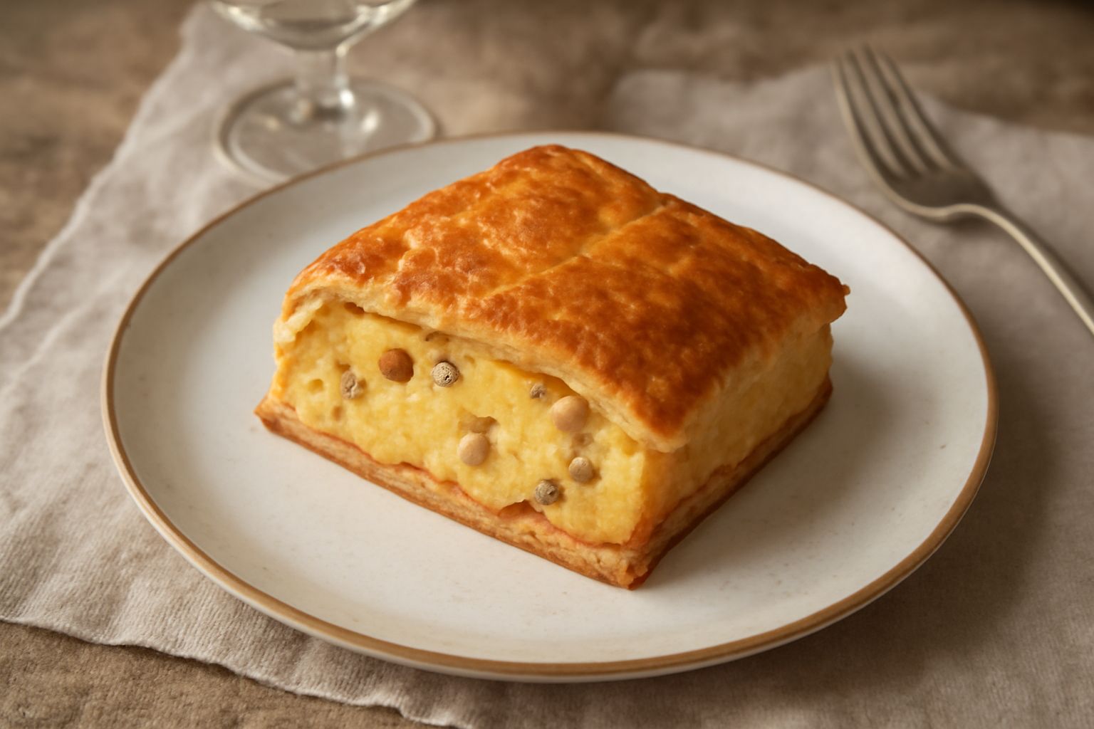 Polenta e osei in crosta appena sfornato, pasta sfoglia dorata e croccante sulla superficie, visibile il riempimento di polenta gialla e carni agli spigoli della teglia rettangolare, vapore leggero an