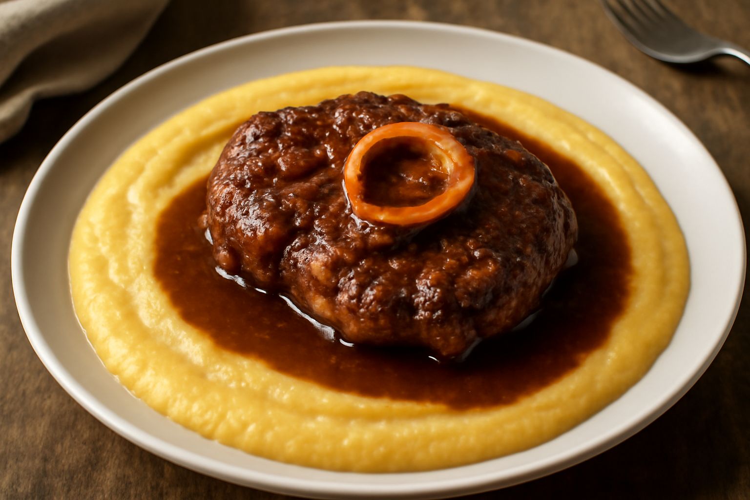 Un piatto fondo con polenta cremosa gialla al centro, coperta da un pezzo di ossobuco rosso scuro con midollo visibile nel centro dell'osso, circondato da sugo marrone ricco, contorno di verdure stufa
