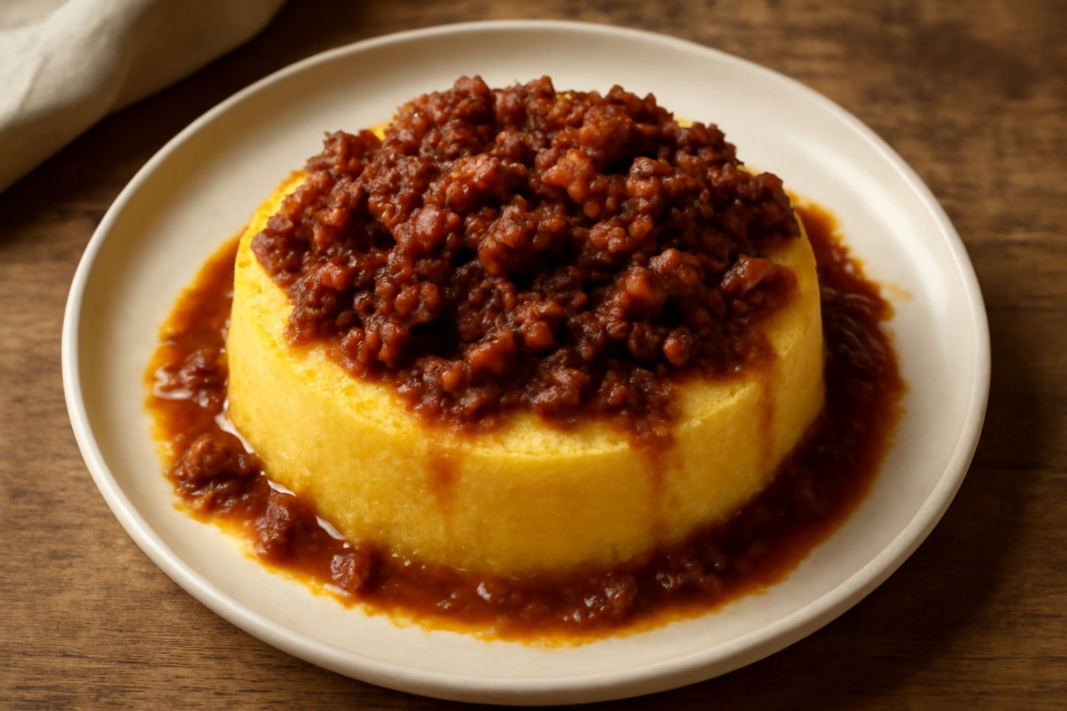 Polenta gialla cremosa nel piatto bianco, condita con ragù di carni miste scuro marrone, con pezzetti di pancetta visibili, sparse poche erbe aromatiche in superficie, contorno di piatto pulito