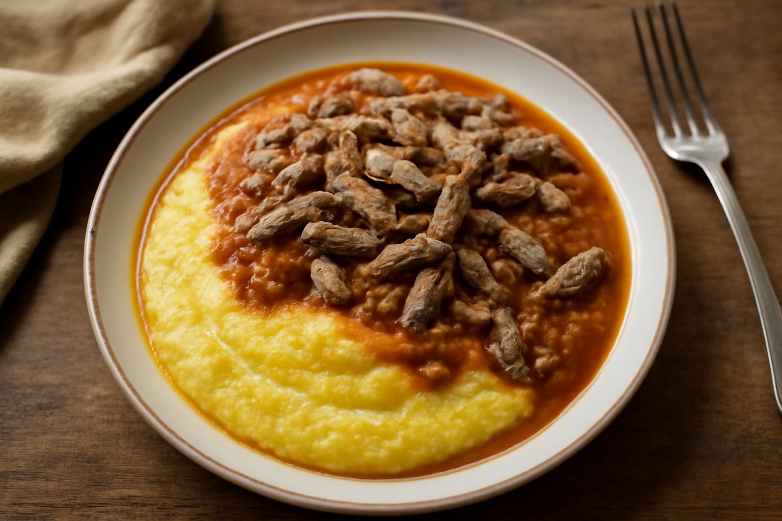 Polenta cremosa gialla in un piatto fondo, ricoperta da schie grigie in umido al pomodoro, con salsa arancio-rossa, guarnita da prezzemolo fresco e un filo di olio