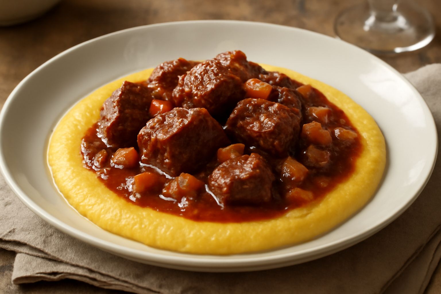 Polenta gialla cremosa nel piatto bianco, coperta da spezzatino di manzo in salsa scura con verdure, guarnito con pepe nero