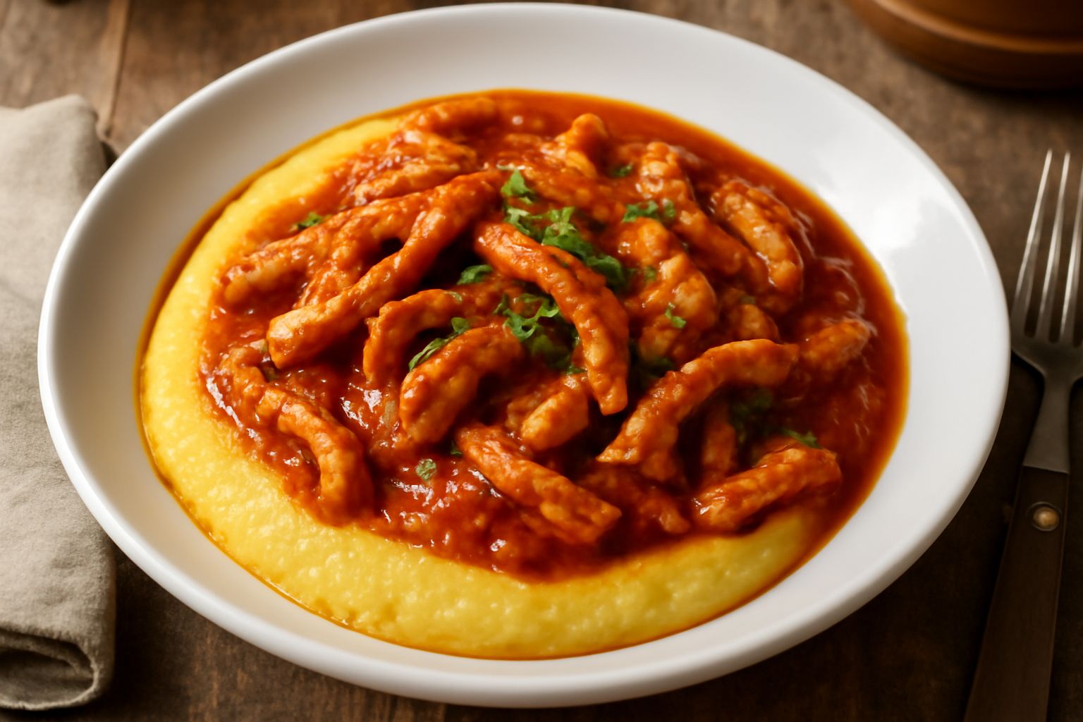 Piatto fondo bianco con polenta cremosa gialla che forma un letto e trippa rossa in umido sopra, con prezzemolo verde, contorno di sugo denso, cucchiaio a lato