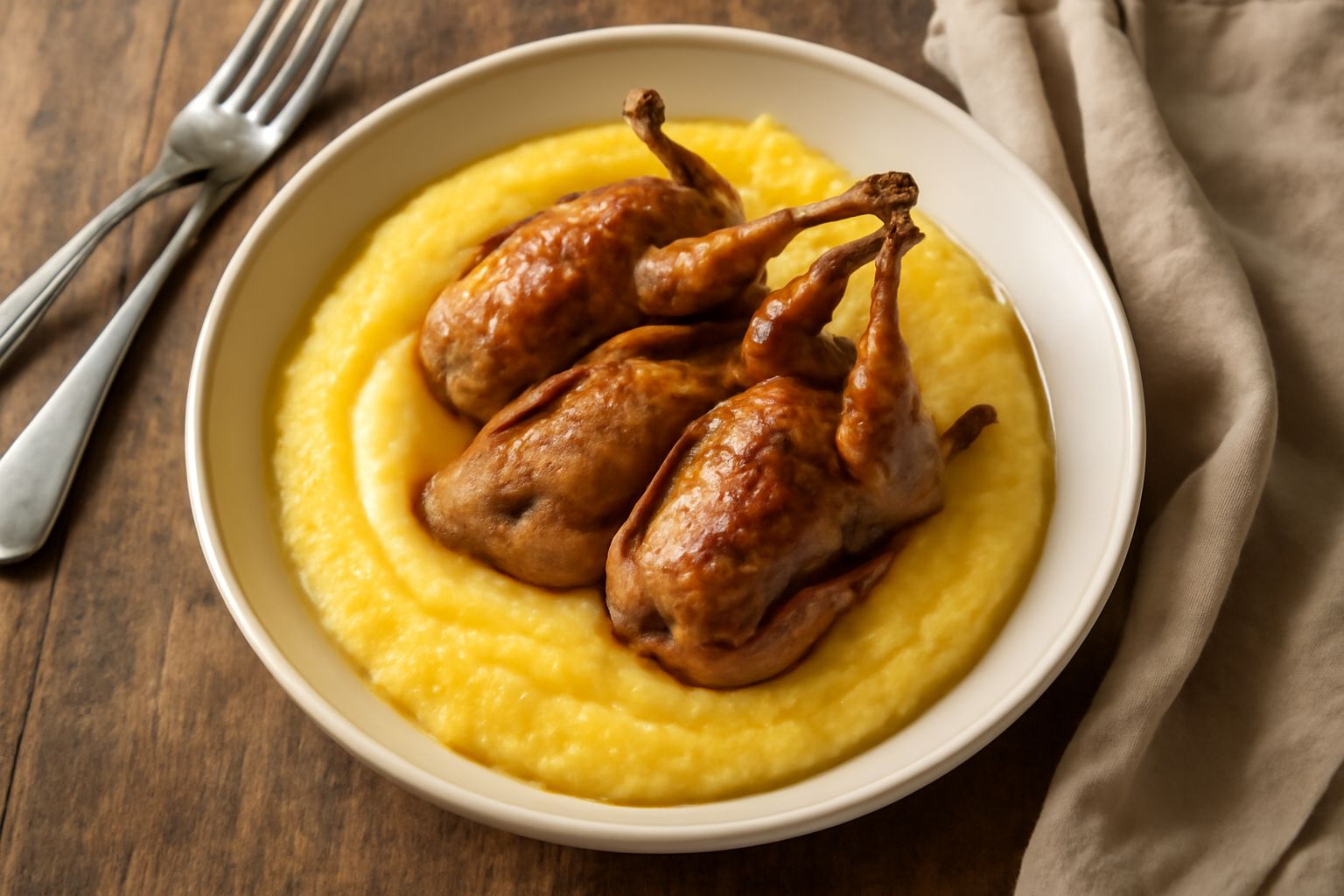 Piatto di polenta cremosa gialla con sopra tre piccoli uccelli arrosto, contorno di verdure grigliate, salsa di riduzione e prezzemolo fresco, servito in piatto fondo bianco