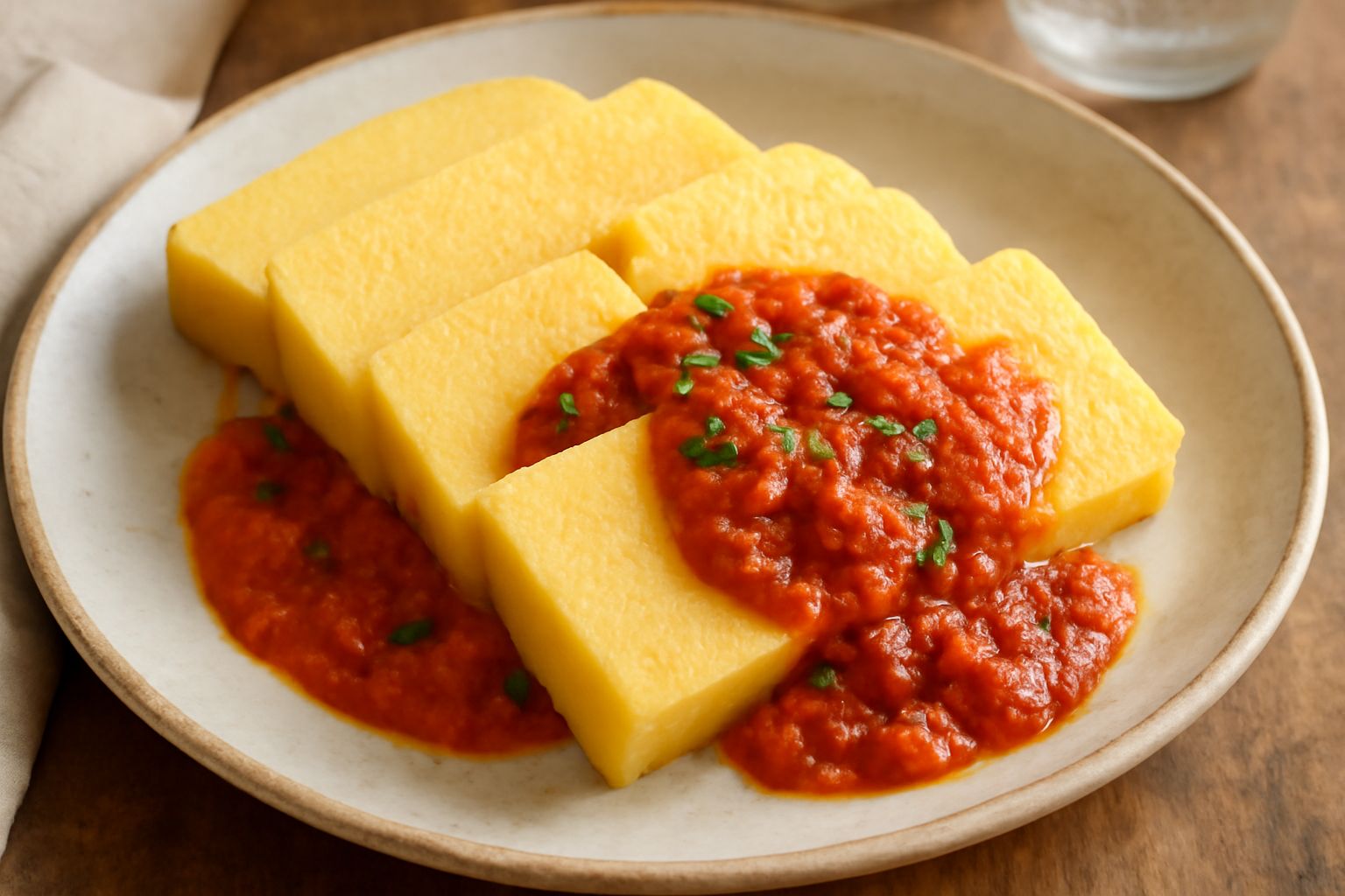 Polenta fredda gialla a fette quadrate su piatto bianco, ricoperta di sugo di pomodoro fresco e basilico verde, con contorno di verdure grigliate