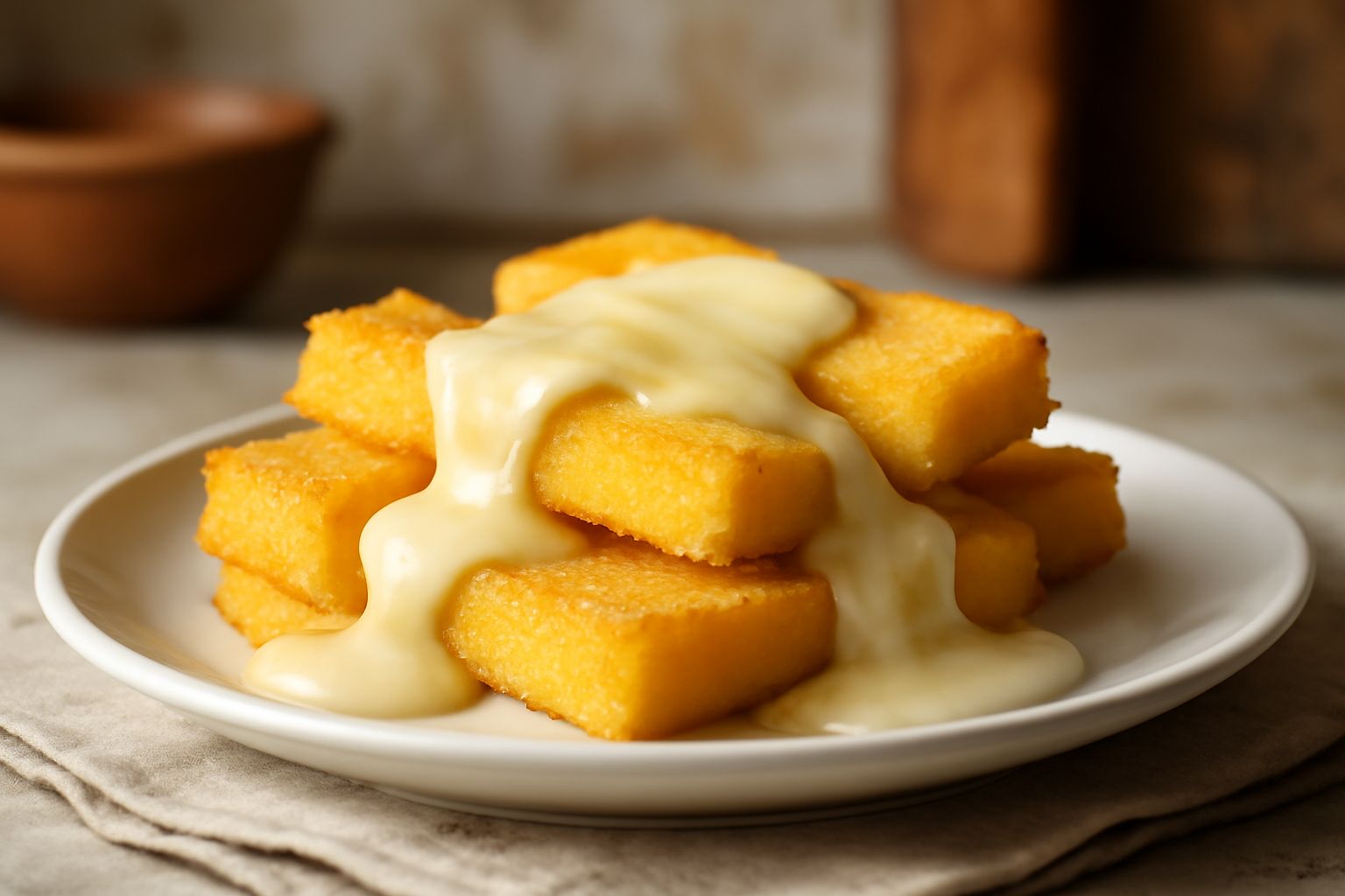 Tre rettangoli di polenta fritta e dorata, riempiti di formaggio filante, su un piatto bianco con una ciotola di salsa rossa a lato