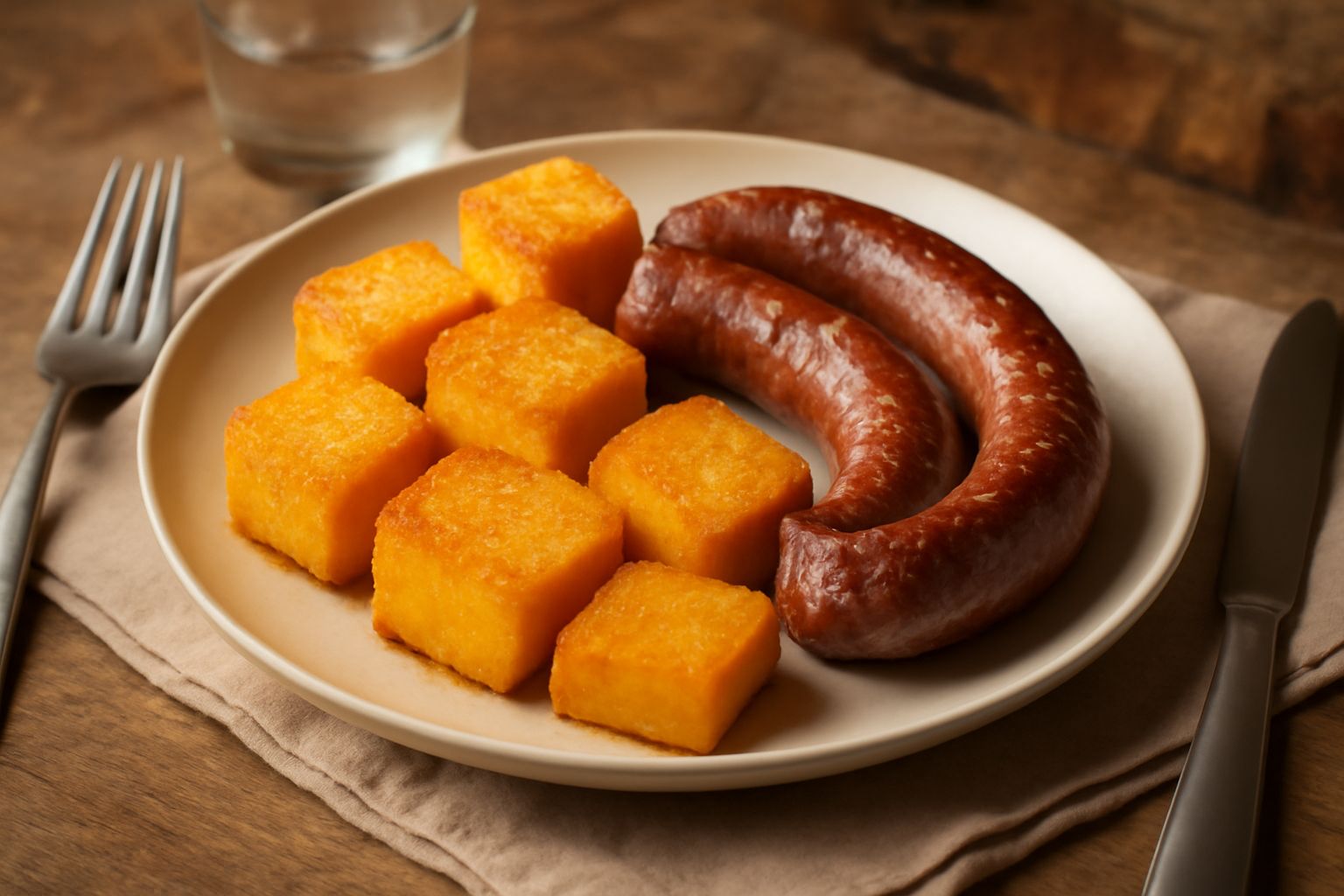Piatto bianco con cubetti di polenta fritta dorata accompagnati da luganega cotta, guarniti da pepe nero e prezzemolo fresco, su tavolo di legno con bicchiere d'acqua