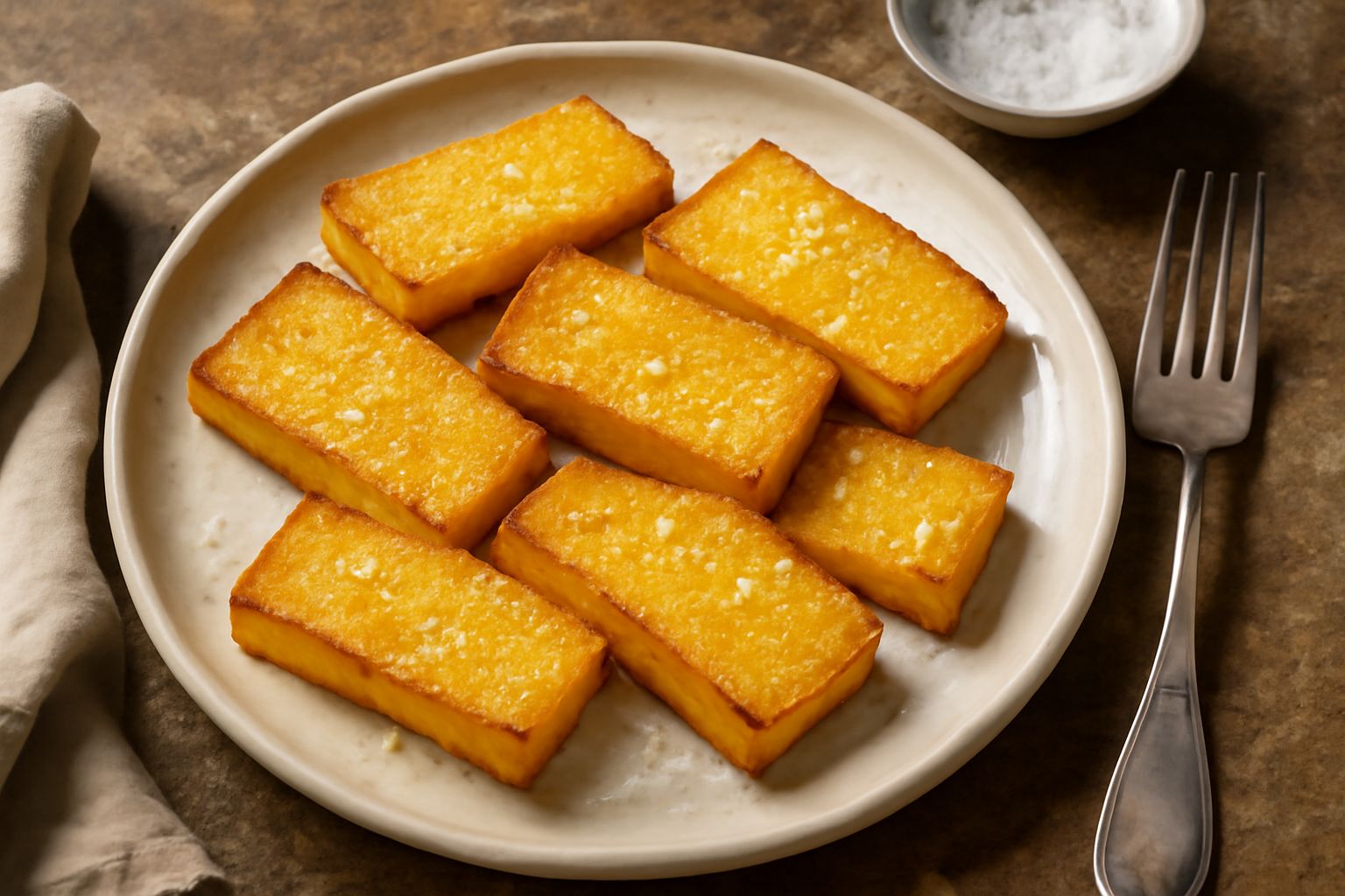Fette di polenta fritta disposte su un piatto bianco, dorate e croccanti sulla superficie, cosparse di sale marino grosso, con un bicchiere d'acqua accanto