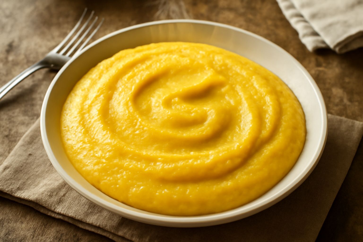 Polenta gialla cremosa in ciotola bianca, con mantecatura visibile, servita con cucchiaio di legno su tavolo di cucina in luce naturale