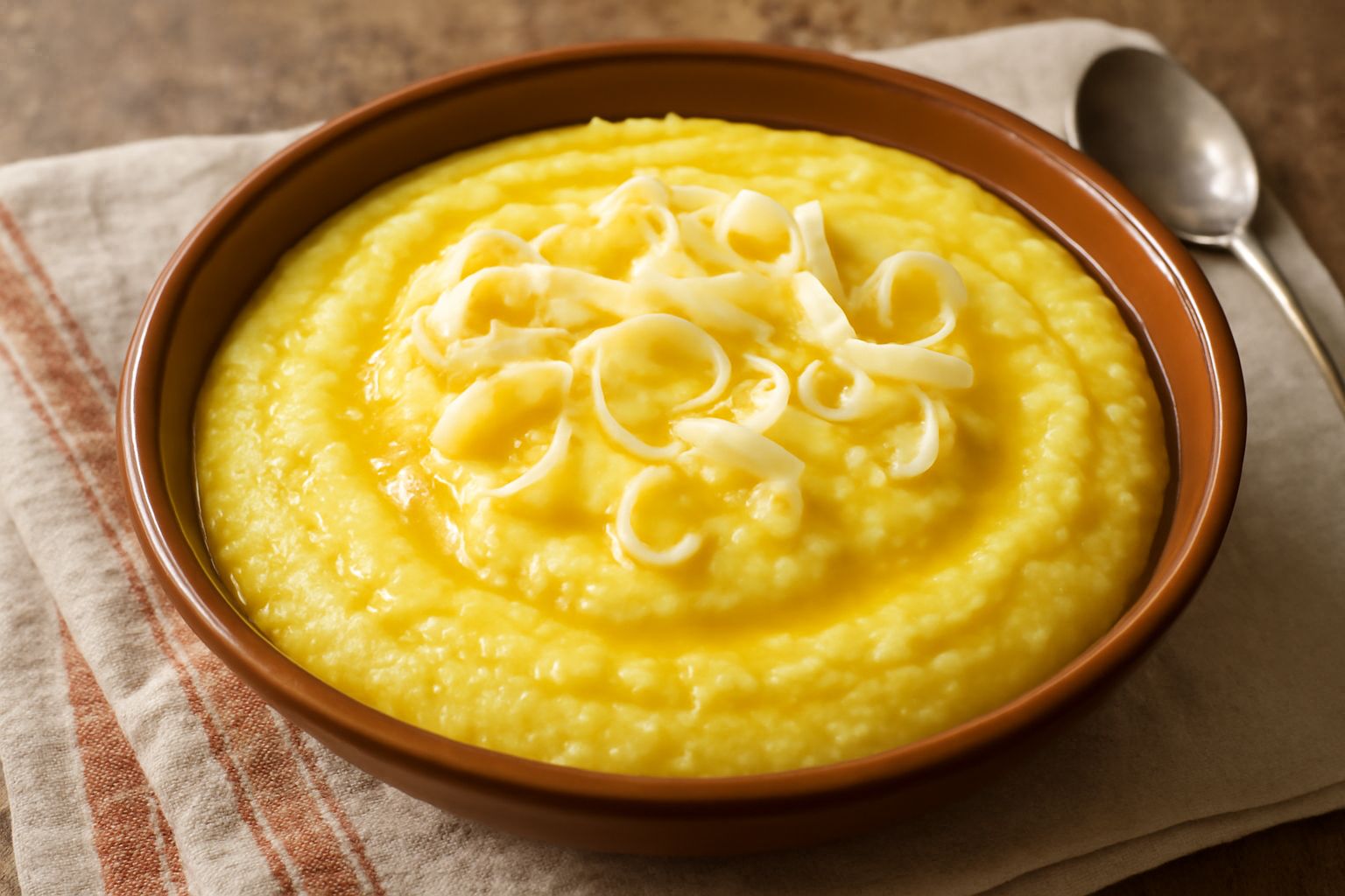 Polenta giallo oro cremosa servita in piatto fondo di ceramica bianca, condita con burro che cola al centro, riccioli di formaggio grattugiato sopra, cucchiaio di legno a fianco