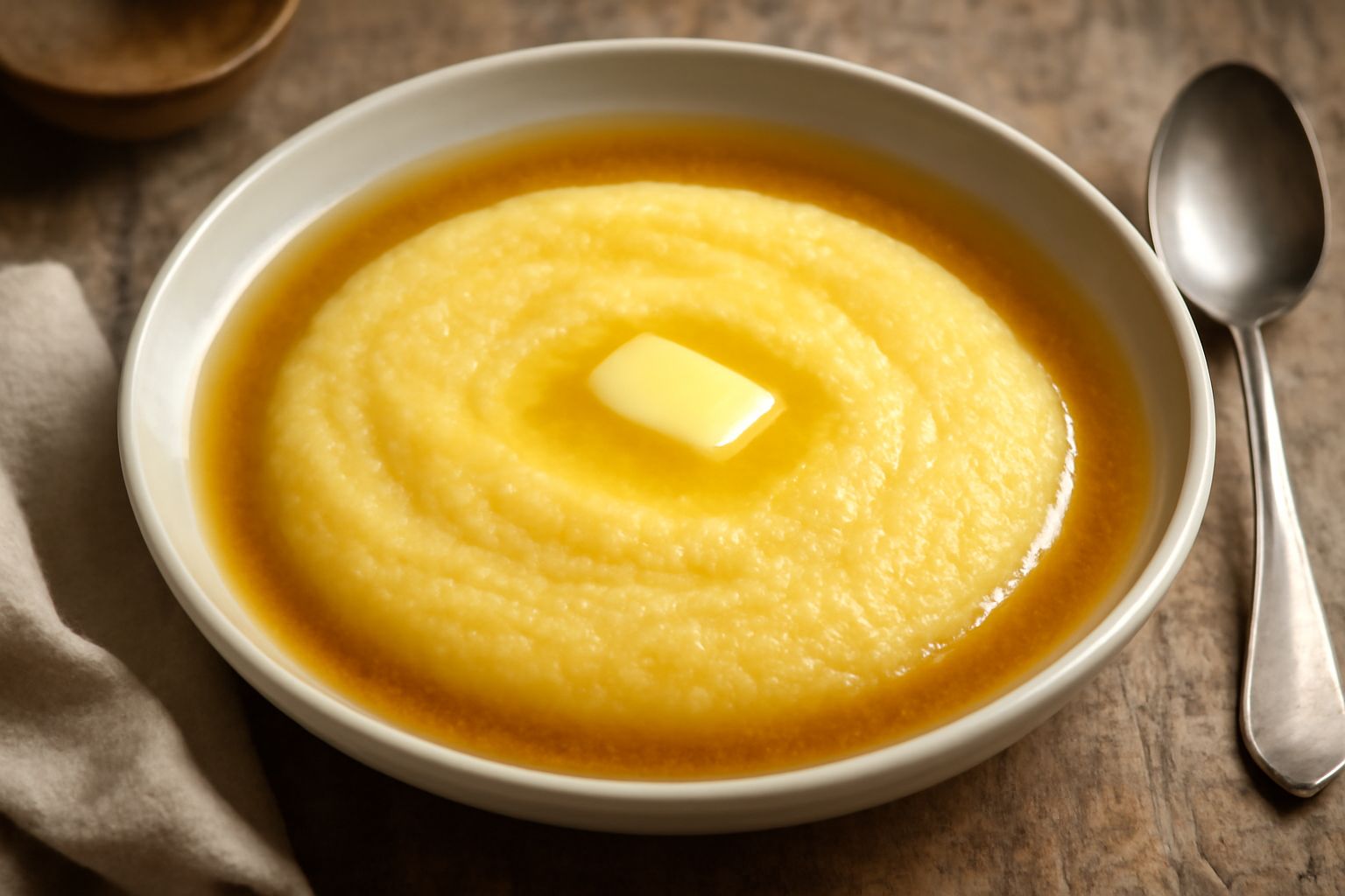 Polenta cremosa e dorata servita in piatto fondo bianco con brodo fumante, cucchiaio di legno immerso nella consistenza cremosa, superficie liscia e brillante