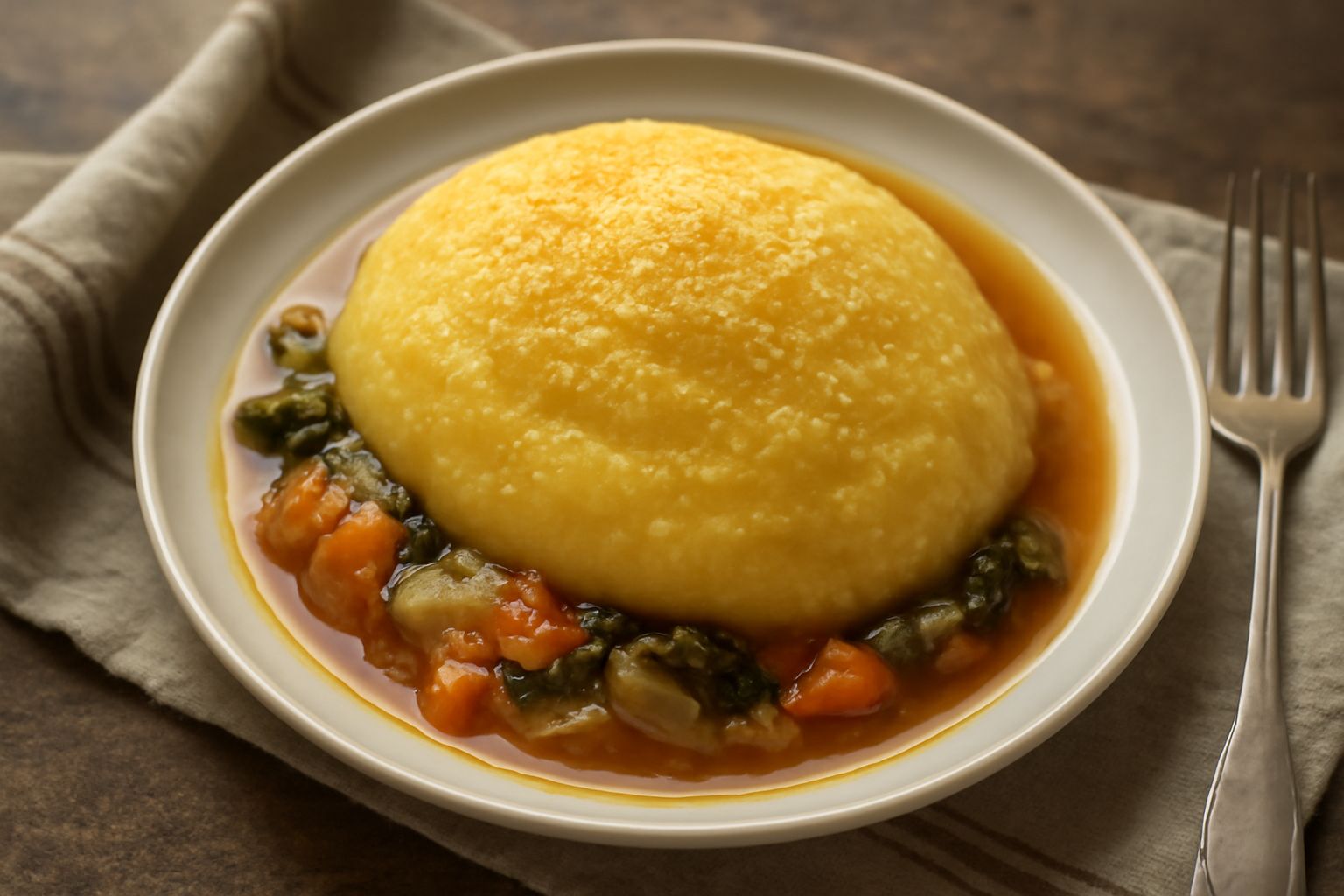 Polenta in umido cremosa di colore giallo-arancio servita in ciotola bianca, cosparsa di parmigiano grattugiato e prezzemolo fresco, con accanto un cucchiaio di legno