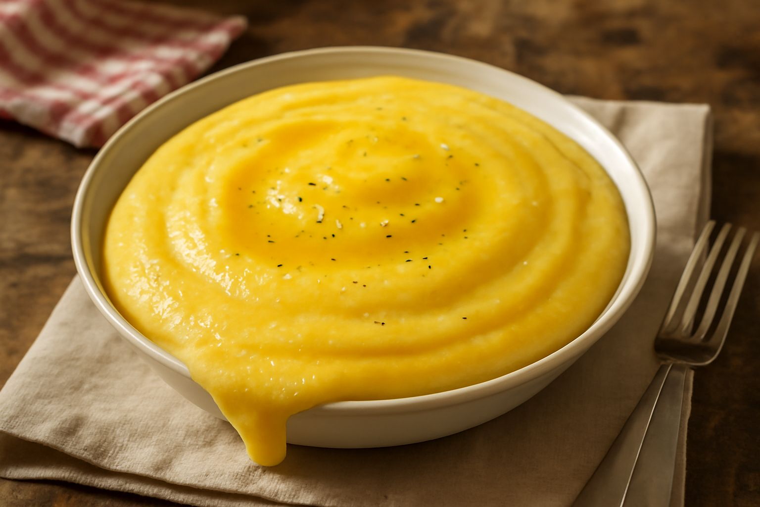 Polenta istantanea cremosa giallo oro in ciotola bianca, liscia e omogenea, guarnita con burro che si scioglie e pepe nero, servita fumante.