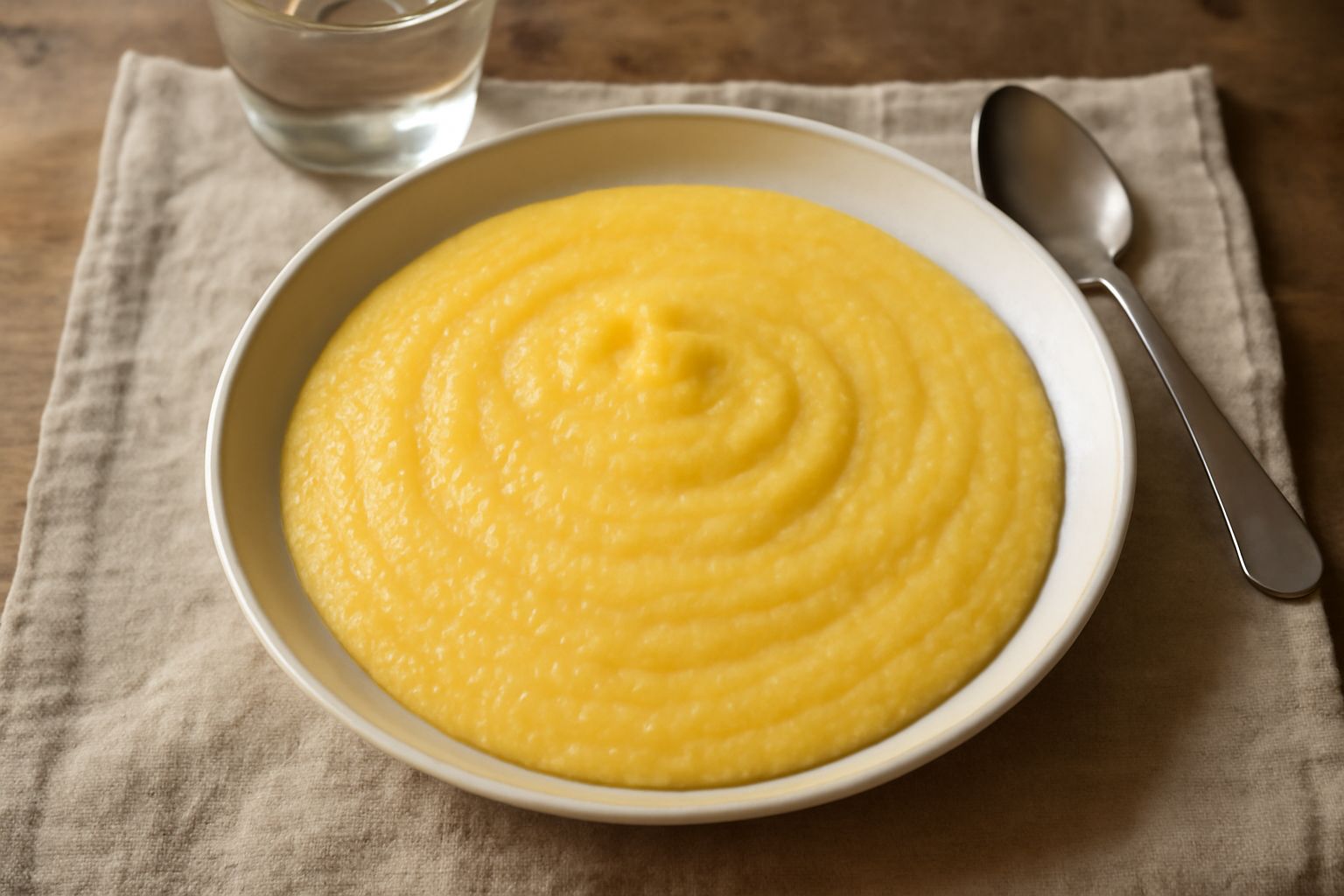 Polenta magra cremosa di colore giallo intenso, versata in un piatto bianco, liscia e lucida, con un cucchiaio appoggiato accanto e qualche goccia di brodo ancora calda