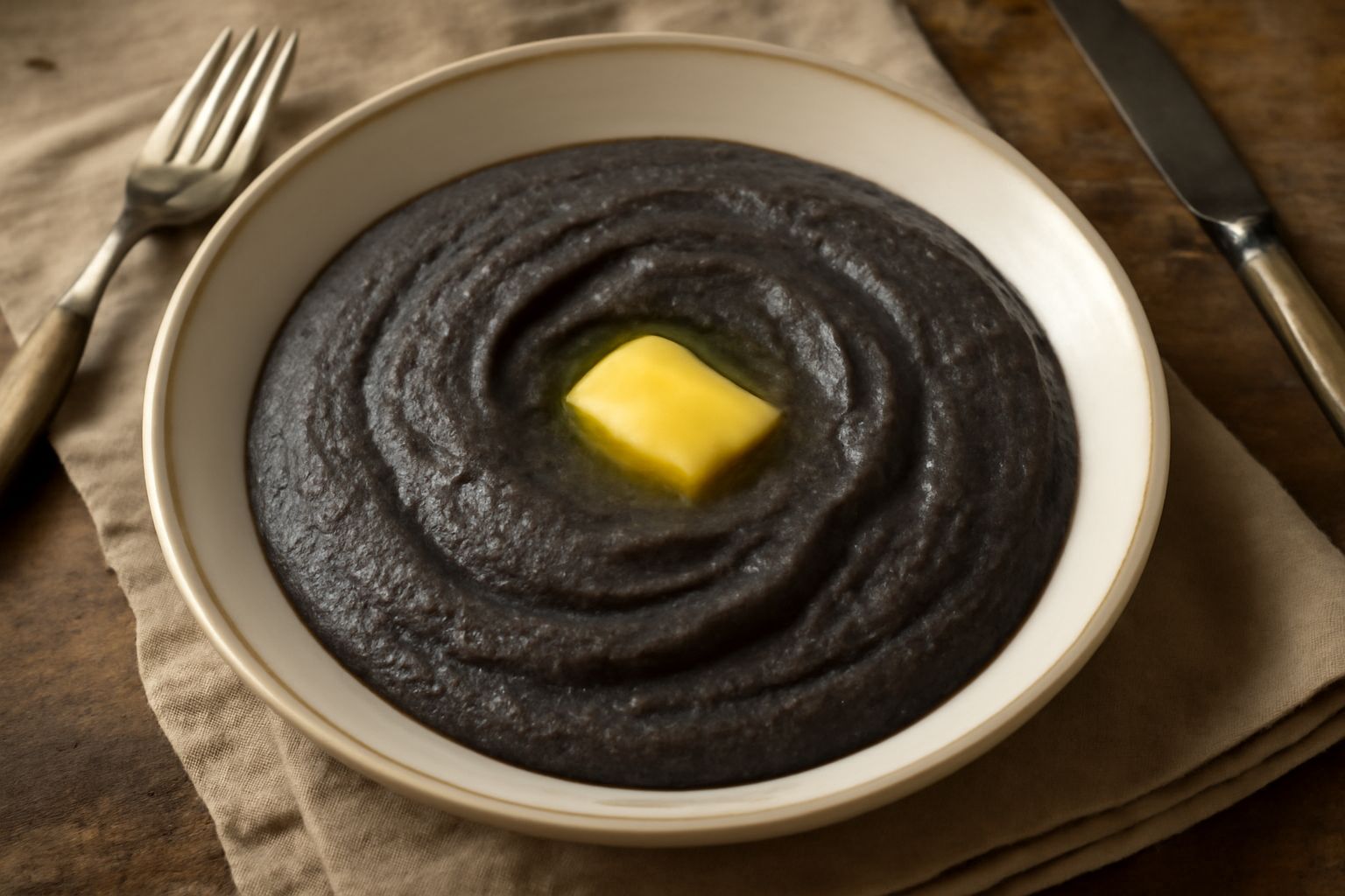 Piatto di polenta nera cremosa di colore grigio scuro con burro fuso e formaggio grana grattugiato in superficie, servita in ciotola di terracotta bianca