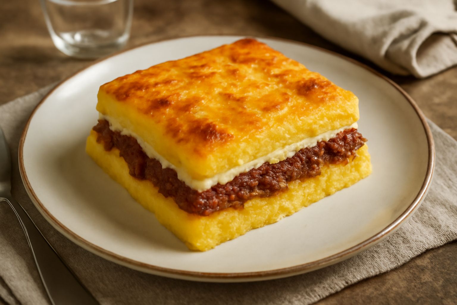Polenta pasticciada appena sfornata in una pirofila di ceramica bianca, con superficie dorata e crosticina, strati visibili di polenta cremosa, ragù rosso scuro e béchamel bianca trasparente ai margin