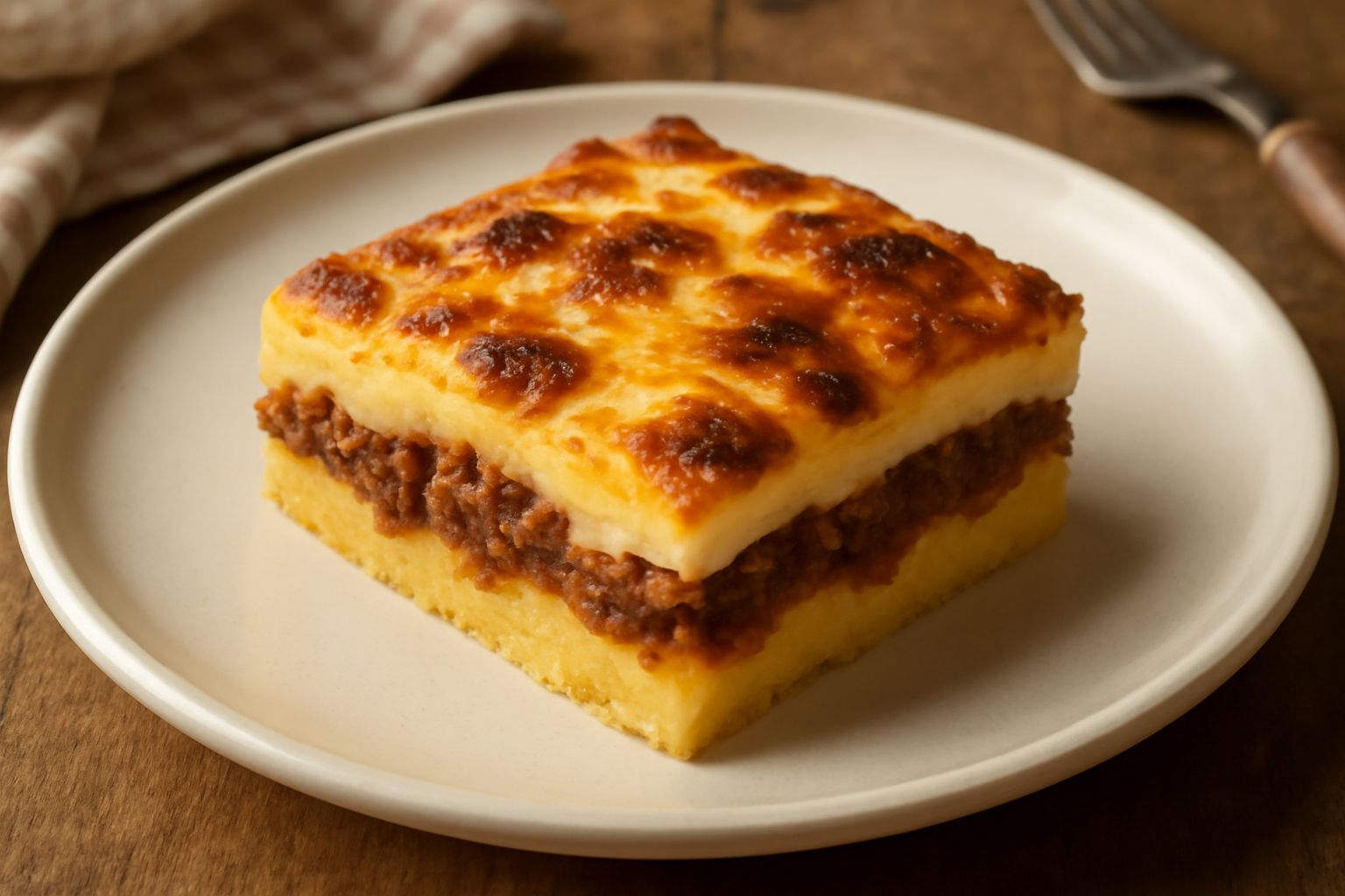 Polenta pasticciata dorata al forno in pirofila di terracotta, con strati visibili di polenta cremosa, ragù scuro e formaggio filante fuso in superficie, guarnita con prezzemolo fresco
