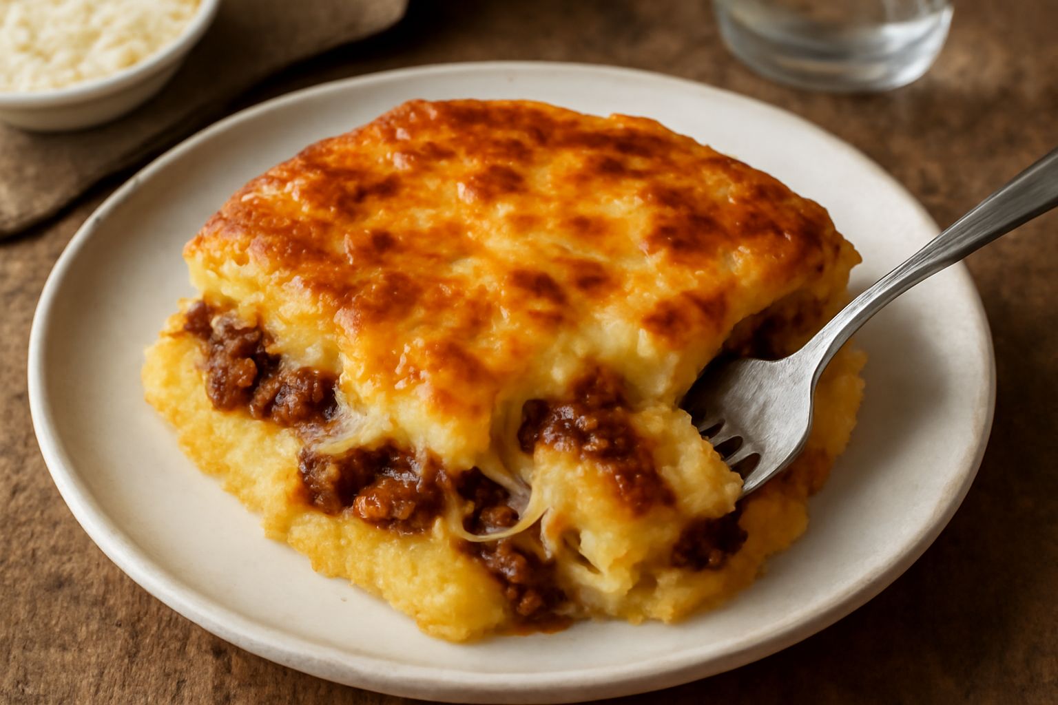Piatto di polenta pasticciata al forno con superficie dorata e gratinata, interno cremoso visibile al taglio, formaggio filante, ragù scuro in superficie, porzione singola su piatto bianco con forchet