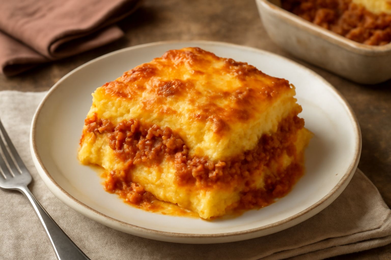 Polenta pasticciata al ragù in pirofila di ceramica: superficie dorata con formaggio fuso, ragù di carne visibile sotto lo strato di polenta cremosa, guarnizione di prezzemolo fresco