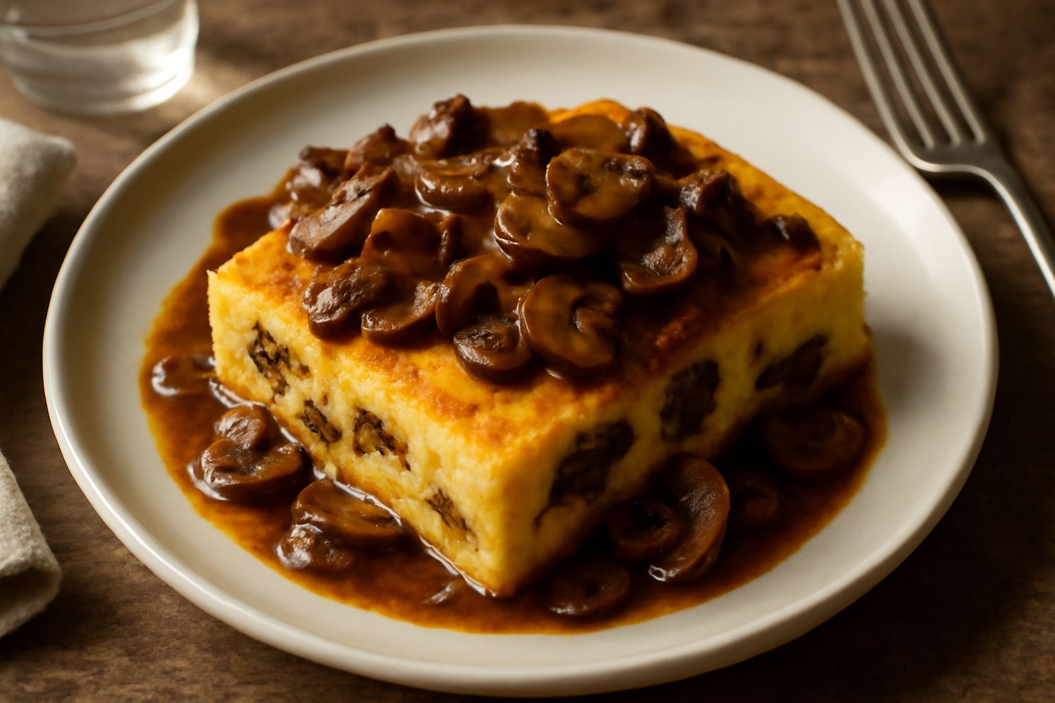 Polenta pasticciata servita in piatto bianco, superficie dorata con formaggio fuso, funghi scuri sparsi in superficie, vapore caldo, contorno di prezzemolo fresco verde