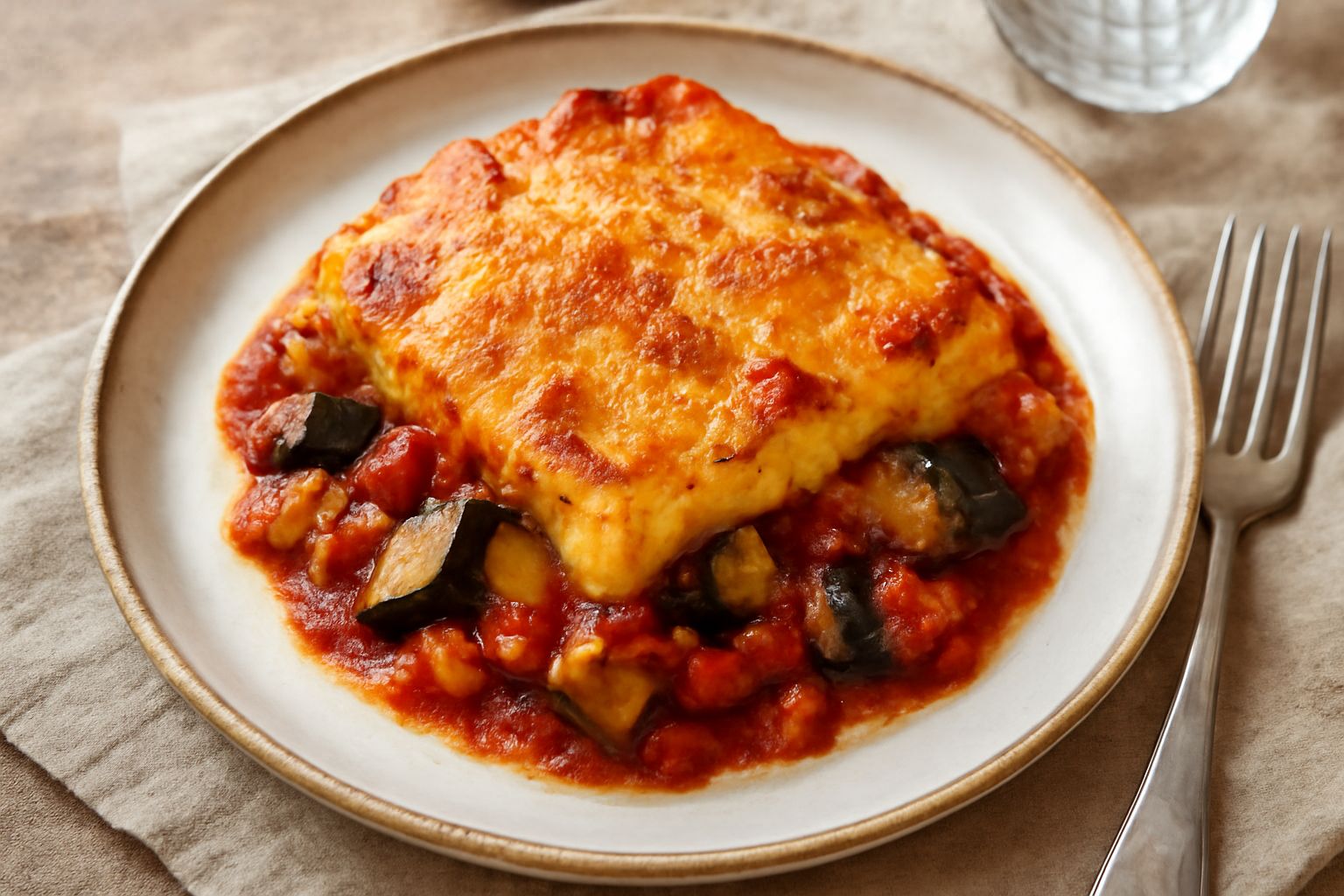 Polenta pasticciata al forno in teglia rettangolare, con crosta dorata in superficie, melanzane viola e zucchine verdi visibili nel sugo rosso, porzione tagliata rivela la polenta gialla cremosa all'i