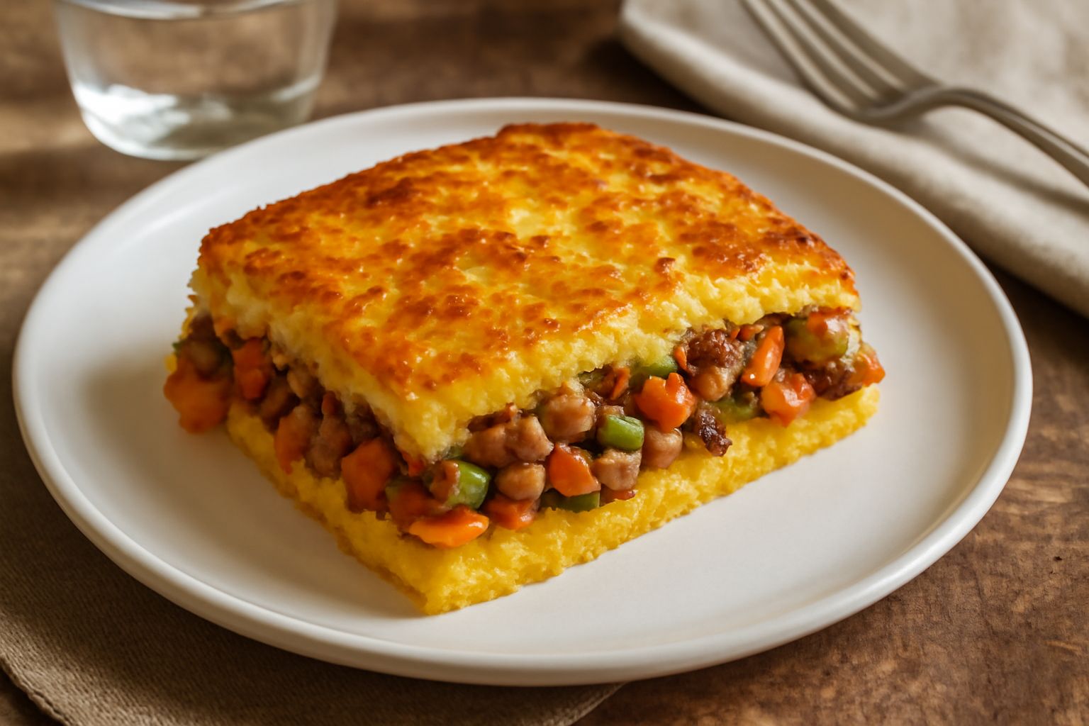 Teglia rettangolare con polenta pasticciata dorata al forno, superficie croccante e screpolata, visibile il ripieno di verdure e formaggio all interno, contorno di insalata verde