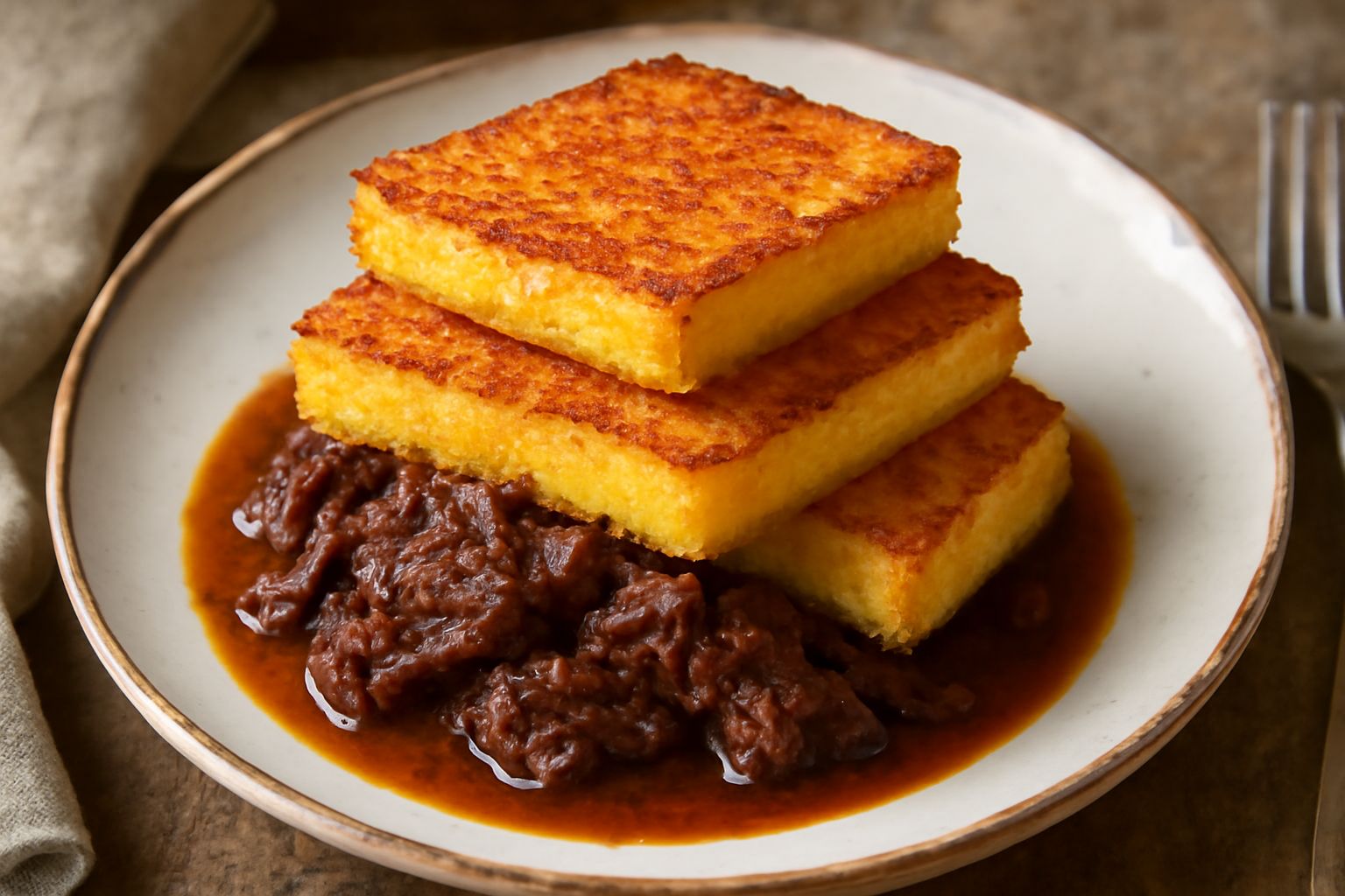 Fette di polenta pastizzada croccanti e dorate servite nel piatto, con una crosticina marrone ambrato e interno giallo cremoso, accompagnate da formaggio grattugiato e ragù