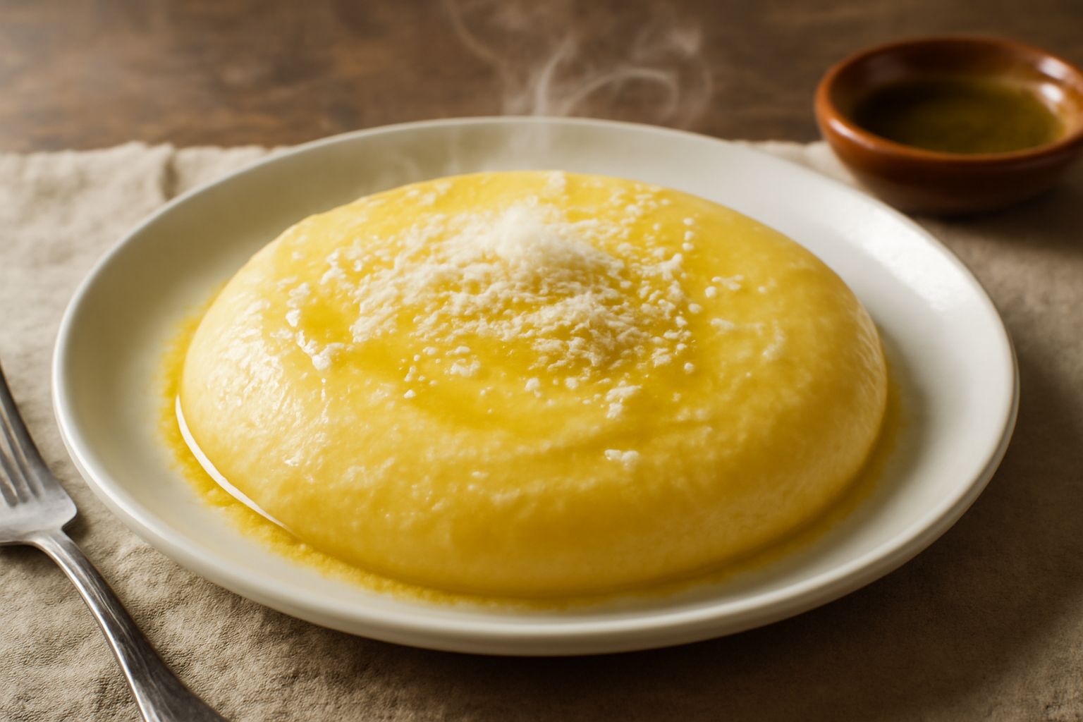 Polenta gialla cremosa servita in un piatto bianco, condita con burro sciolto e grattugiata di formaggio, fumante e compatta, senza grumi visibili