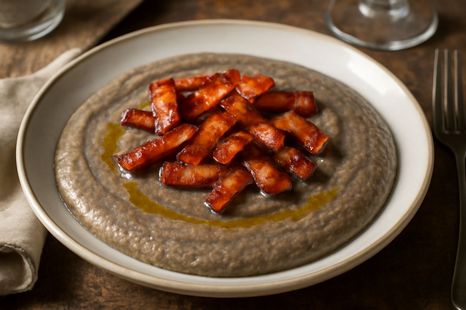 Polenta saracena grigio-dorata cremosa in piatto bianco, condita con pezzetti di rigatino croccante dorato, gocce di burro fuso in superficie, porzione generosa ripresa dal davanti