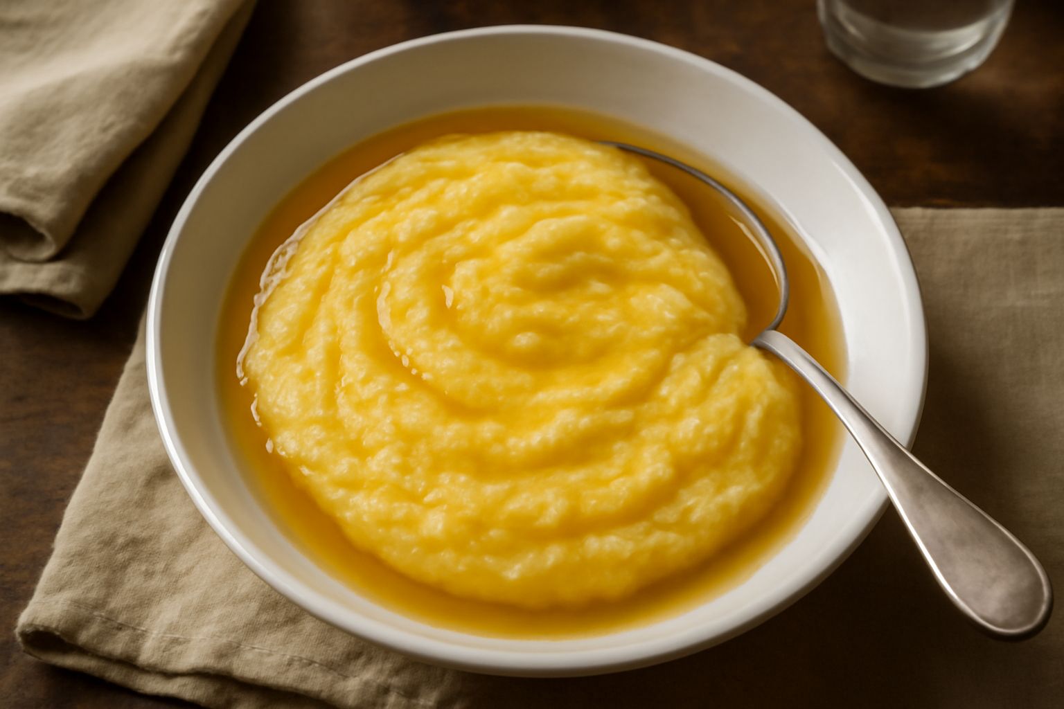 Ciotola bianca di ceramica piena di polenta gialla e cremosa, versata nel brodo, con un filo di olio d'oliva in superficie, accompagnata da pane tostato sullo sfondo