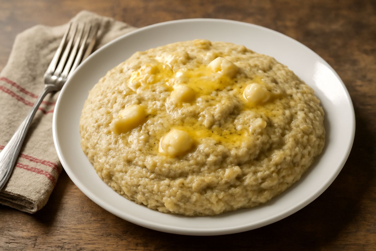 Polenta taragna cremosa in un piatto fondo di ceramica bianca, condita con burro sciolto e formaggio grattugiato, con cucchiaio di legno accanto