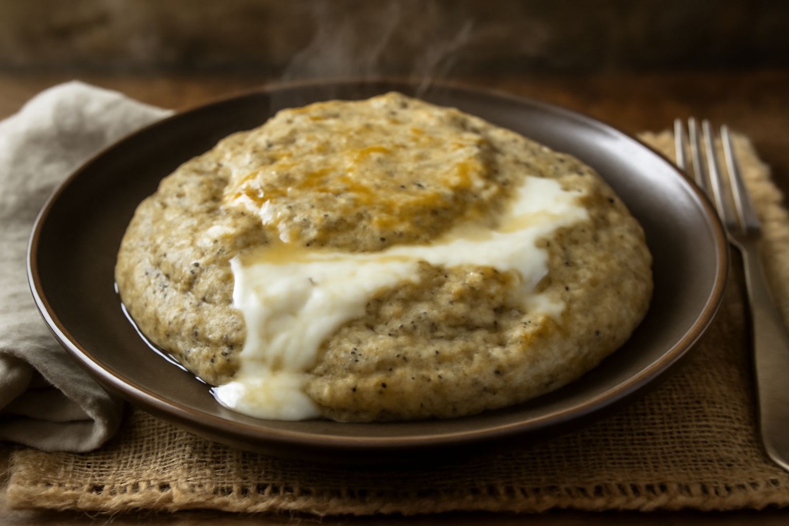 Polenta taragna giallo-grigia cremosa in un piatto fondo bianco, con striature di formaggio fuso che scivola nel mezzo, burro dorato in superficie, guarnita con pepe nero macinato.