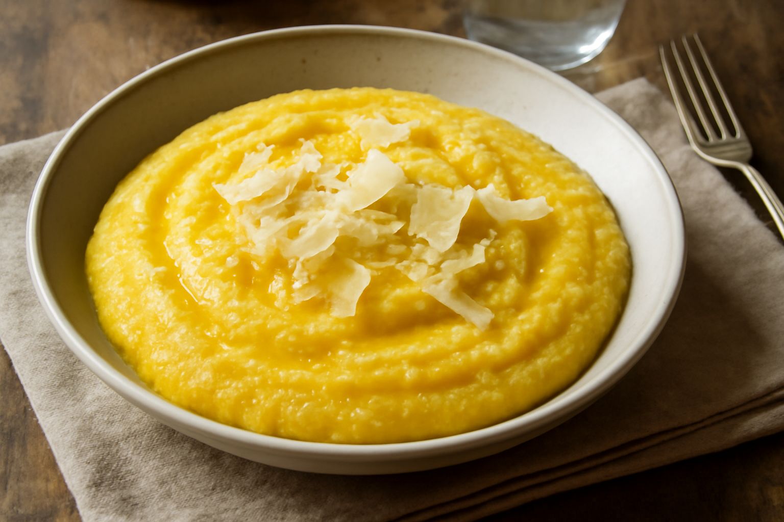 Polenta taragna cremosa di colore giallo dorato, servita in piatto bianco fondo con un cucchiaio di legno, filetti di burro fuso e scaglie di formaggio Casera stagionato sopra, piatto visto dall'alto