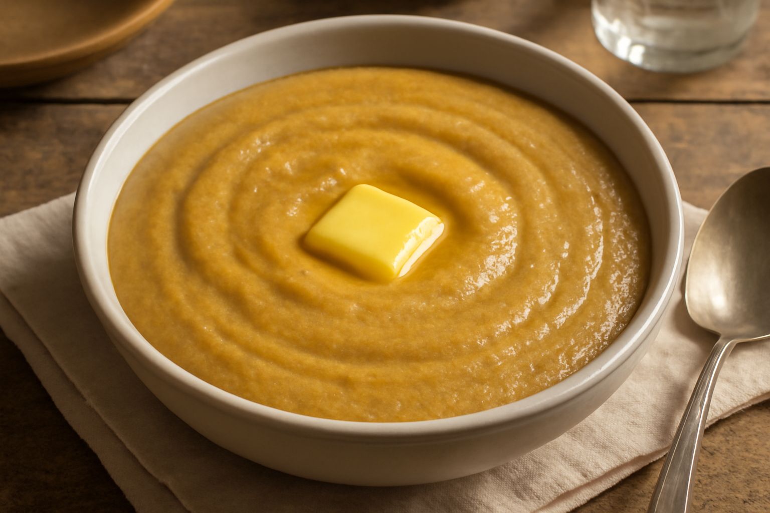 Polenta taragna dolce dorata in una ciotola di ceramica bianca, con una noce di burro che si scioglie al centro, spolverata di zucchero e cannella, su un tavolo di legno scuro con un cucchiaio di legn