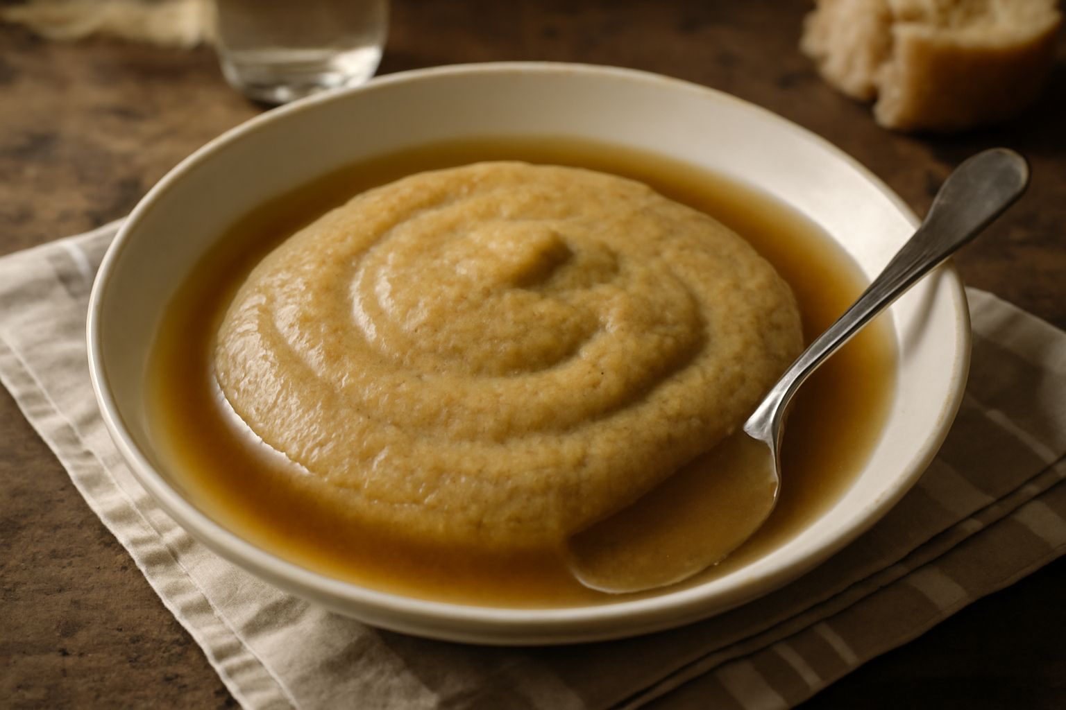 Una ciotola bianca con polenta taragna cremosa e giallo-bruno, versata in brodo chiaro e fumante, con gocce di burro sulla superficie, contorno di pane scuro e cucchiaio in primo piano